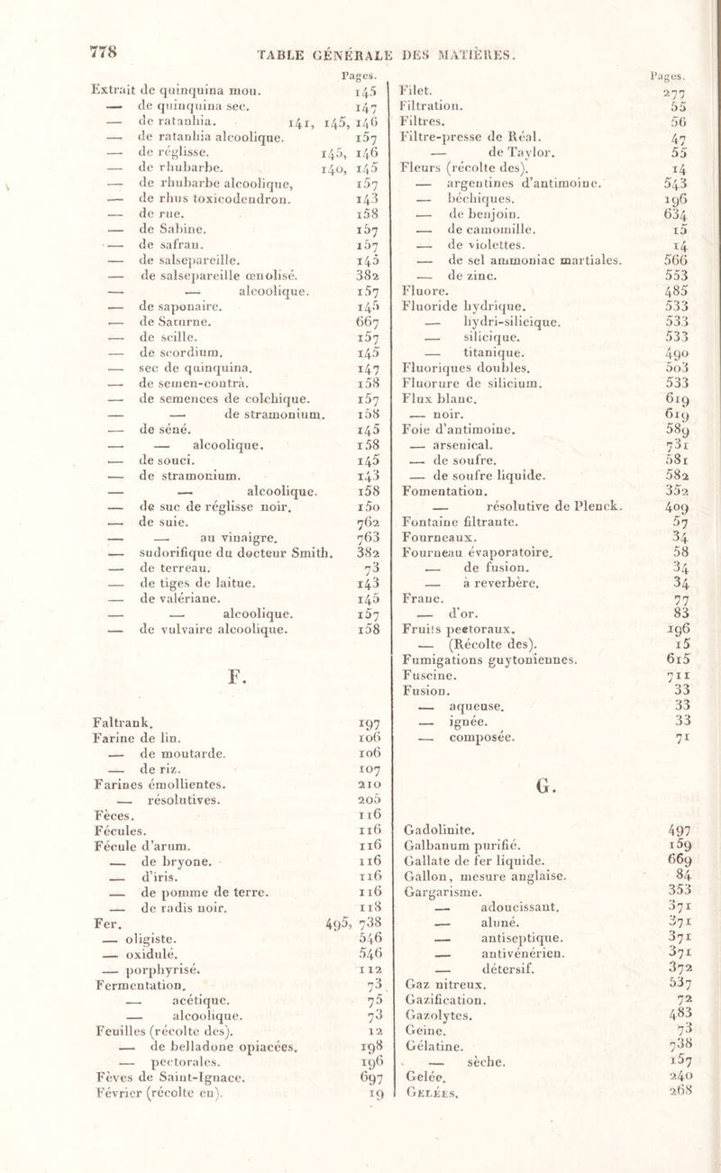 rages. Exti-ait de quinquina mou. i45 — de quinquina sec. 147 — de ratanhia. 141, 145, i4fi — de ratanhia alcoolique. i57 — de réglisse. 145, 146 — de rhubarbe. 140, 145 — de rhubarbe alcoolique, i57 — de rlius toxicodcudron. 143 — de rue. i58 _ de Sabine. 15? • de safran. 107 — de salsepareille. 145 — de salsepareille œnolisé. 382 — — alcoolique. i57 — de saponaire. 14.3 -- de Saturne. 667 — de scille. i57 — de scordium. 145 — sec de quinquina. 147 — de seiuen-coutrà. i58 — de semences de colchique. i57 — — de stramonium. i58 — de séné. 145 — — alcoolique. i58 — de souci. 145 — de stramonium. 143 — — alcoolique. i58 — de suc de réglisse noir. i5o — de suie. 762 — — au vinaigre. 763 — sudorifique du docteur Smith. 382 -- de terreau. 73 — de tiges de laitue, de valériane. 143 — 145 — — alcoolique. i57 — de vulvaire alcoolique. i58 F. Faltrank, 197 Farine de lin. 106 — de moutarde. 106 —. de riz. 107 Farines émollientes. 210 — résolutives. 2o5 Fèces. II6 Fécules. II6 Fécule d’arum. II6 — de bryone. ii6 — d’iris. 116 — de pomme de terre. 116 — de radis noir. 118 Fer. 495, 738 — oligiste. 546 — oxidulé. .546 — porpbyrisé. 112 Fermentation. 73 .—. acétique. 75 — alcoolique. 73 Feuilles (récolte des). 12 —. de belladone opiacées. 198 — pectorales. 196 Fèves de Saint-Ignace. 697 Février (récolte en). 19 Filet. Fages. 277 Filtration. 55 Filtres. 56 Filtre-presse de Réal. 47 — de Taylor. 55 Fleurs (récolte des). 14 — argentines d’antimoine. 543 — béchiques. 196 — de benjoin. 634 — de camomille. i5 — de violettes. ï4 — de sel ammoniac martiales. 566 de zinc. 553 Fluoré. 485 Fluoride hydrique. 533 — bydri-silicique. 533 — silicique. 533 — titanique. 490 Fluoriques doubles. 5o3 Fluorure de silicium. 533 Flux blanc. 619 ,— noir. 619 Foie d’antimoine. 589 — arsenical. r — de soufre. o8r — de soufre liquide. 582 Fomentation. 352 — résolutive de Plenck. 409 Fontaine filtrante. 57 Fourneaux. 34 Fourneau évaporatoire. 58 .— de fusion. 34 — à reverbère. 34 Franc. 77 — d’or. 83 Fruiîs pectoraux. J96 — (Récolte des). i5 Fumigations guytoniennes. 6i5 Fuscine. 711 Fusion. 33 — aqueuse. 33 — ignée. 33 — composée. 71 G. Gadolinite. 497 Galbanum purifié. 159 Gallate de fer liquide. 669 Gallon, mesure anglaise. 84 Gargarisme. 353 — adoucissant. 37 X — aluné. 371 — antiseptique. 371 — antivénérien. 371 — détersif. 372 Gaz nitreux. 537 Gazification. 72 Gazolytes. 483 Geine. 73 Gélatine. 788 . — sèche. i57 Gelée. 240 Gki^kes, 268