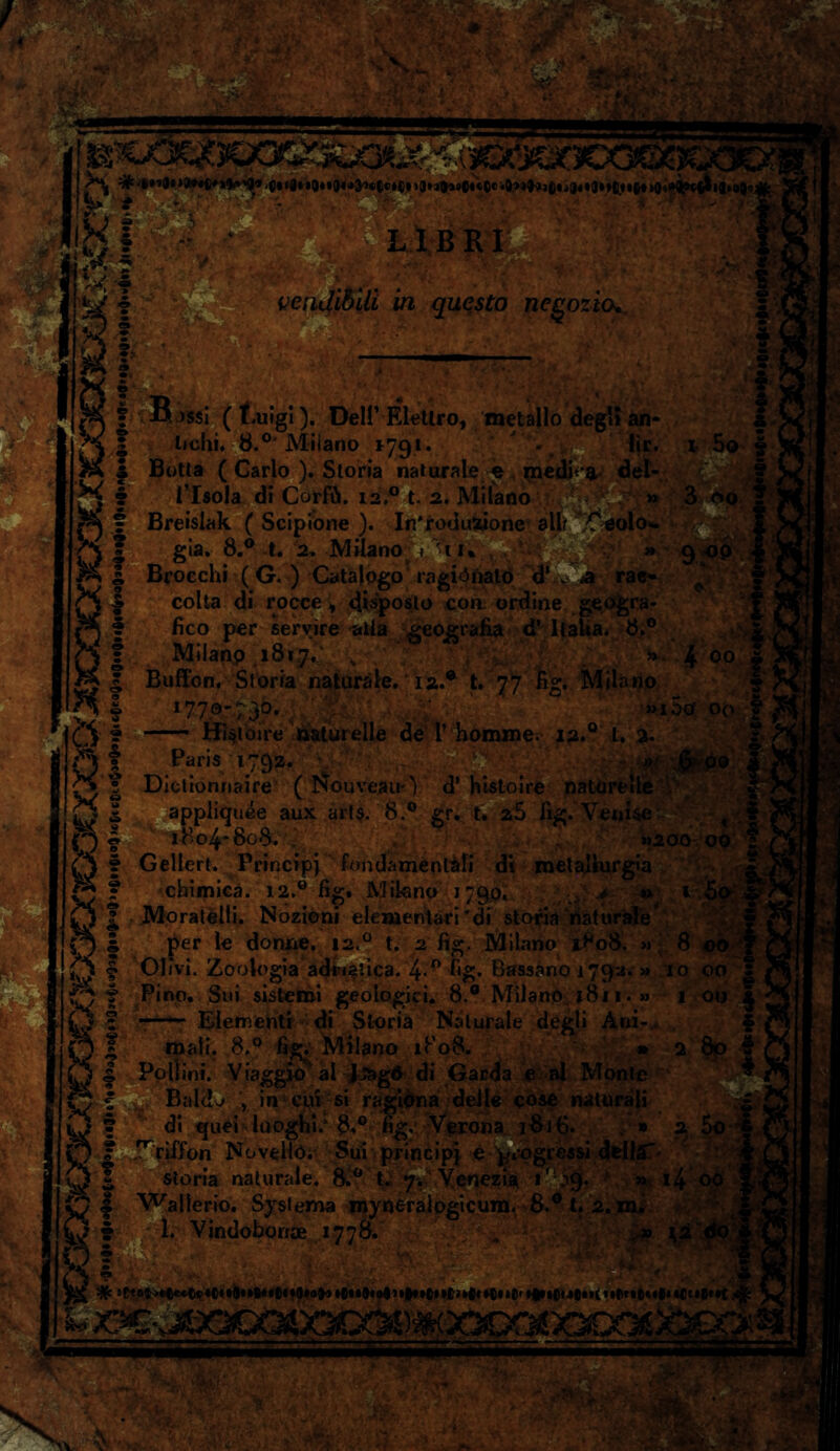 ravji ... ..... . - * Tf:» r vet m 'incorno h IBRI questo negozio... f -Bissi (t.uigì). Dell1 Elettro, metallo degli an- f Udii. 8.° Milano i?qi. - tir. lel- i 5q | » - -..-79 mmtm f Botta ( Carlo ). Storia naturale e me f risola di Corfù. 12,0 t. 2. Milano f Breislak ( Scipione ). In'rodanone ? già. 8.° t. 2. Milano > i u | Brocchi ( G. ) Catalogo ragionato | colta di rocce, disposto eoa ordine geogra- § fico per servire alla geografia d’ Italia. 8.° wu| | Milano 1817. » 4 00 f f Buffon. Storia naturale. 12.® t. 77 fig. Milano « , | 1770-730. »i5o 00 f ■?$ ? - Histoire naturelle de V homme. 12.0 t. 2. 0 f Par's 1792* ?V ; Dictionnaire ( IsouveaLi ì d* hh n >>* $j Gellert. Principi fondamentàfi di in 'chimica. 12.® fig. Mikno 1790. :ìém F Moratelli. Nozioni elementari'di storia naturale* | per le donne. 12,0 t. 2 fig. Milano 1H08. » 8 o< § Olivi. Zoologia adtia’.ica. 4-0 fig. Barssàno 1792.- » io 00 ; f Pino. Sui sistemi geologici. 8.° Milano 1811.» 1 ou'I f Elementi di Storia Naturale degli Ani-; J mali. 8.° fig. Milano 1808. » 2 . | Pollini. Viaggiò al jj&gó di Gacda e al Monte ^.4. Baldo , in cui si ragiona delle cose naturali f§ di quéi luoghi.* 8,° fig. Verona 18 j 6. » 2 5o f Griffon Novello. Sui principi e progressi delia' | storia naturale. 8.° t. 7. Venezia 1f 39. » i4 00 0 4 Wallerio. Syslema myneraiogicum. 8.° t. 2. m. I. Vindoborrae 177&. » *>* ::u* M>» Ó» H» tjH » tfiti (1 t »( ' “ IX