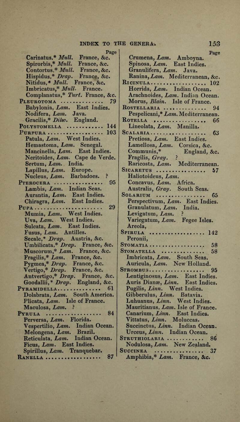 Page Carinatus,* Mull. France, &c. Spirorbis,* Mull. France, &c. Contortus,* Mull. France, &c. Hispidus,* Drap. France, &c. Nitidus,* Mull. France, &c, Imbricatus,* Mull. France. Complanatus,* Turt. France, &c. Pleurotoma 79 Babylonia, Lam. East Indies. Nodifera, Lam. Java. Gracilis,* Dihu. England. PoEYSTOMELLA 144 Purpura 103 Patula, Lam. West Indies. Hemastoma, Lam. Senegal. Mancinella, Lam. East Indies. Neritoides, Lam. Cape de Verde. Sertum, Lam. India. Lapillus, Lam. Europe. Nucleus, Lam. Barbadoes. ? Pterocera 95 Lambis, Lam. Indian Seas. Aurantia, Lam. East Indies. Chiragra, Lam. East Indies. Pupa 29 Mumia, Lam. West Indies. Uva, Lam. West Indies. Sulcata, Lam. East Indies. Fusus, Lam. Antilles. Secale,^ Drap. Austria, &c. Umbilicata,* Drap. France, &c. Muscorum,* Lam. France, &c. Fragilis,* Lam. France, &c. Pygmea,* Drap. France, &c. Vertigo,* Drap. France, &c. Antvertigo,* Drap. France, &c. Goodallii,* Drap. England, &c. Pyramidella 61 Dolabrata, Lam. South America. Plicata, Lam. Isle of France. Maculosa, Lam. ? Pyrula 84 Perversa, Lam. Florida. Vespertilio, Lam. Indian Ocean. Melongena, Lam. Brazil, Reticulata, Lam. Indian Ocean. Ficus, Lam. East Indies. Spirillus, Lam. Tranquebar. Ranella 87 Page Crumena, Lam. Amboyna. Spinosa, Lam. East Indies. Granulifera, Lam. Java. Ranina,iam. Mediterranean, &c. Ricinula 102 Horrida, Lam. Indian Ocean. Arachnoides, Lam. Indian Ocean. Morus, Blain. Isle of France. Rostellaria 94 Pespelicani,* Lam. Mediterranean. Rotella 66 Lineolata, Lam. Manilla. SCALARIA 63 Pretiosa, Lam. East Indies. Lamellosa, Lam. Corsica, &c. Communis,* England, &c. Fragilis, Gray. ? Raricosta, Lam. Mediterranean. SiCARETUS 57 Haliotoideus, Lam. Concavus, Lam. Africa. Australis, Gray. South Seas. Solarium 65 Perspectivum, Lam. East Indies. Granulatum, Larn. India. Levigatum, Lam. ? Variegatum, Lam. Fegee Isles. Areola, Spirula 142 Peronii, Stomatia 58 Stomatella 58 Imbricata, Lam. South Seas. Auricula, Lam. New Holland. Strombus 95 Lentiginosus, Lam. East Indies. Auris Dianae, Linn. East Indies. Pugilis, Linn. West Indies. Gibberulus, Linn. Batavia. Luhuanus, Linn. West Indies. Mauritianus, Lam. Isle of France. Canarium, Linn. East Indies. Vittatus, Linn. Moluccas. Succinctus, Linn. Indian Ocean. Urceus, Linn. Indian Ocean. Struthiolarta 86 Nodulosa, Lam. New Zealand. SUCCINEA 37 Amphibia,* Lam. France, &c.