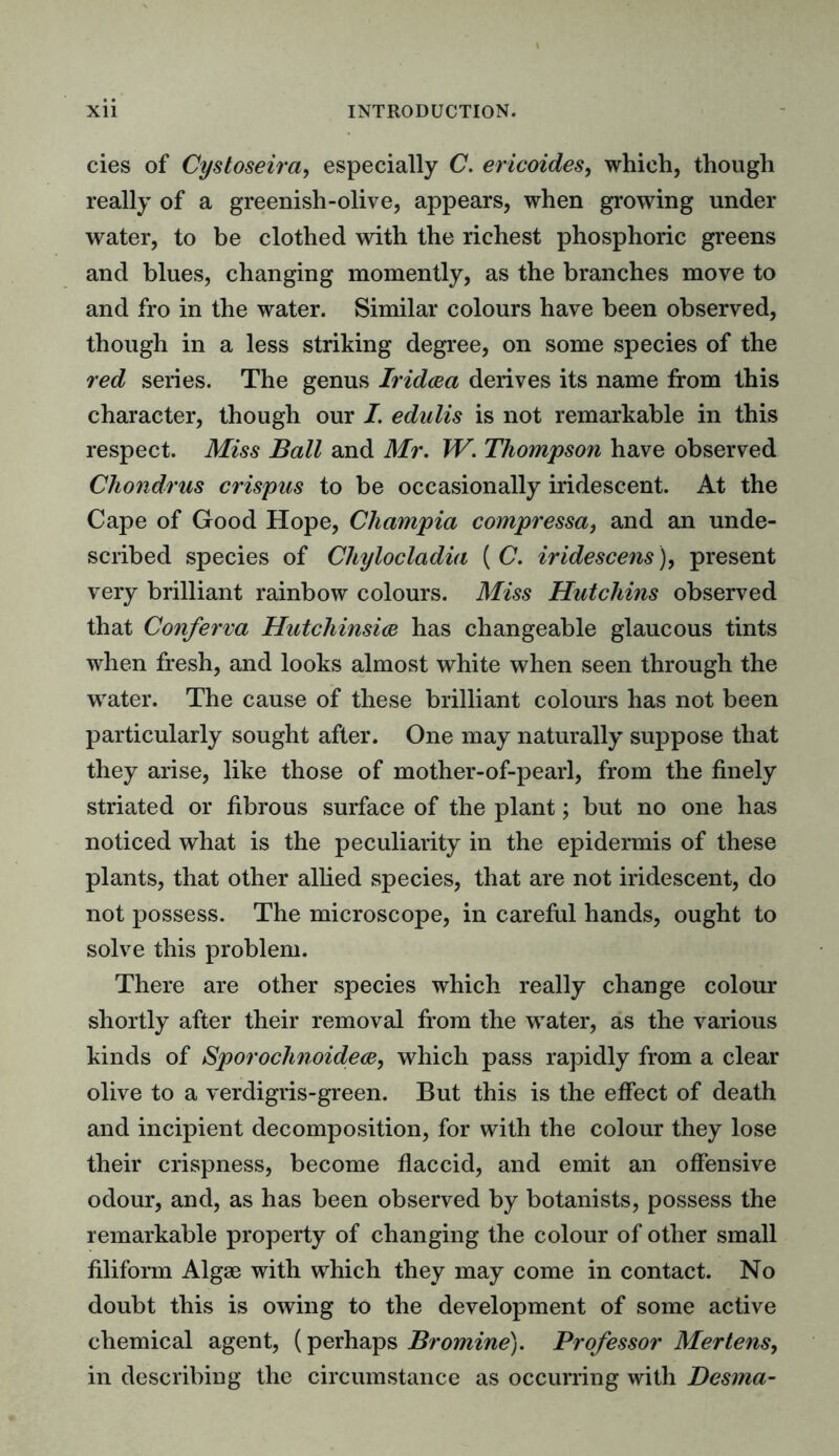 cies of Cystoseira, especially C. ericoides, which, though really of a greenish-olive, appears, when growing under water, to be clothed with the richest phosphoric greens and blues, changing momently, as the branches move to and fro in the water. Similar colours have been observed, though in a less striking degree, on some species of the red series. The genus Iridcea derives its name from this character, though our I. edulis is not remarkable in this respect. Miss Ball and Mr. TV. Thompson have observed Chondrus crispus to be occasionally iridescent. At the Cape of Good Hope, Champia compressa} and an unde- scribed species of Chylocladia ( C. iridescens), present very brilliant rainbow colours. Miss Hutchms observed that Conferva Hutchinsice has changeable glaucous tints when fresh, and looks almost white when seen through the water. The cause of these brilliant colours has not been particularly sought after. One may naturally suppose that they arise, like those of mother-of-pearl, from the finely striated or fibrous surface of the plant; but no one has noticed what is the peculiarity in the epidermis of these plants, that other allied species, that are not iridescent, do not possess. The microscope, in careful hands, ought to solve this problem. There are other species which really change colour shortly after their removal from the water, as the various kinds of Sporochnoidece, which pass rapidly from a clear olive to a verdigris-green. But this is the effect of death and incipient decomposition, for with the colour they lose their crispness, become flaccid, and emit an offensive odour, and, as has been observed by botanists, possess the remarkable property of changing the colour of other small filiform Algae with which they may come in contact. No doubt this is owing to the development of some active chemical agent, (perhaps Bromine). Professor Mertens, in describing the circumstance as occurring with Desma-