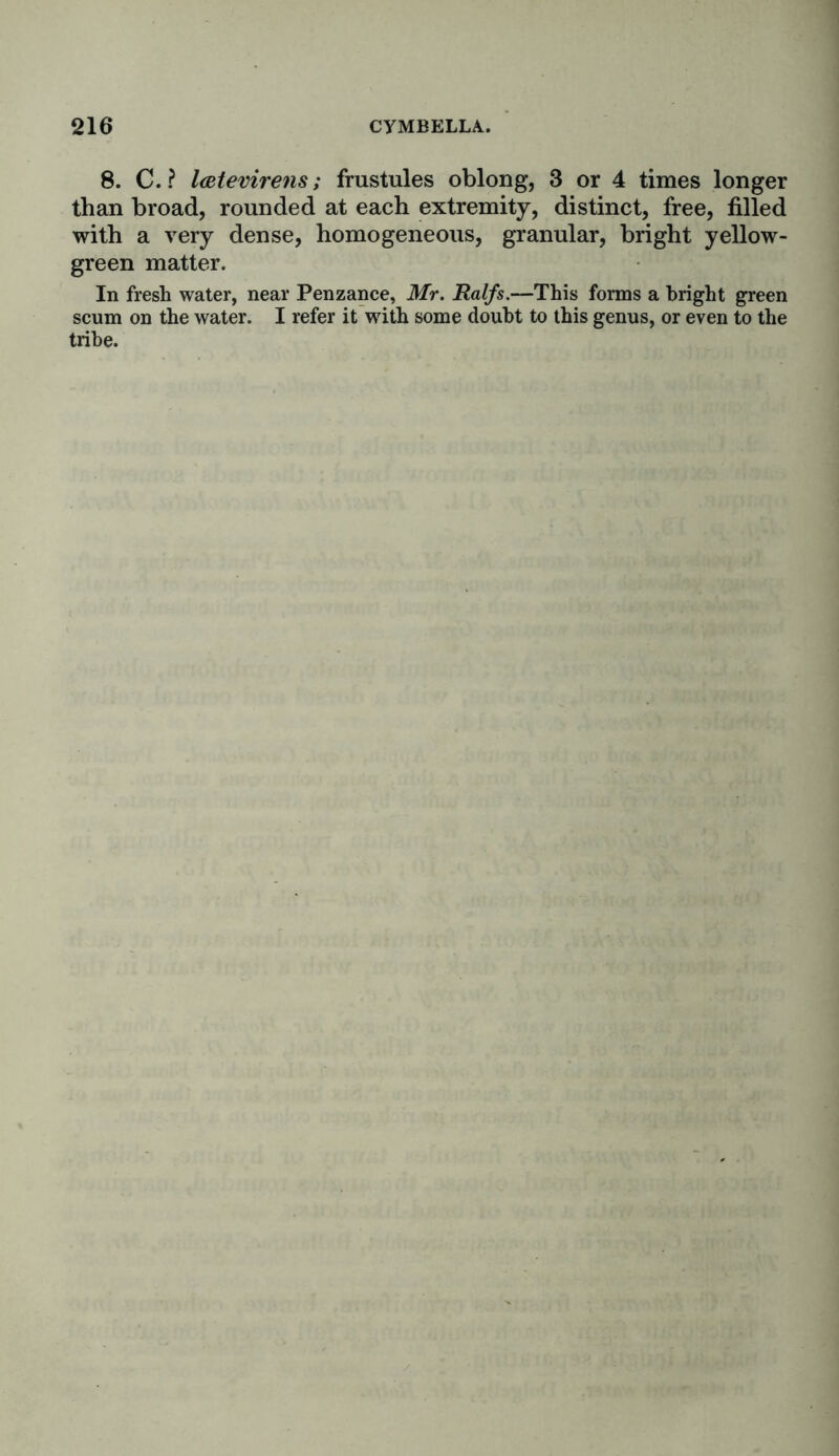8. C. ? laetevirens; frustules oblong, 3 or 4 times longer than broad, rounded at each extremity, distinct, free, filled with a very dense, homogeneous, granular, bright yellow- green matter. In fresh water, near Penzance, Mr. Ralfs.—This forms a bright green scum on the water. I refer it with some doubt to this genus, or even to the tribe.