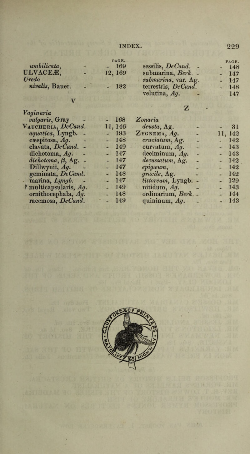 PAGE. PAGE. umbilicata, _ 169 sessilis, DeCand. - - 148 ULVACEiE, 12, 169 submarina, Berk. - - 147 Uredo submarina, var. Ag. - 147 nivalis, Bauer. _ 182 terrestris, DeCand. - 148 y velutina, Ag. 147 Vaginaria Z vulgaris, Gray - 168 Zonaria Vaucheria, DeCand. 11, 146 deusta, Ag. - 31 aquatica, Lyngb. - 193 Zygnema, Ag. 11, 142 caespitosa, Ag. - 148 cruciatum, Ag. - 142 clavata, DeCand. - _ 149 curvatum, Ag. - 143 dichotoma, Ag. _ 147 deciminum, Ag. - 143 dichotoma, /3, Ag. - _ 147 decussatum, Ag. - 142 Dillwynii, Ag. - 147 epigceum, - 142 geminata, DeCand. - 148 gracile, Ag. - 142 marina, Lyngb. - 147 littoreum, Lyngb. - - 129 ? multicapsularis, Ag. - 149 nitidum, Ag. . 143 ornithocephala, Ag. - 148 ordinarium, Berk. - - 144