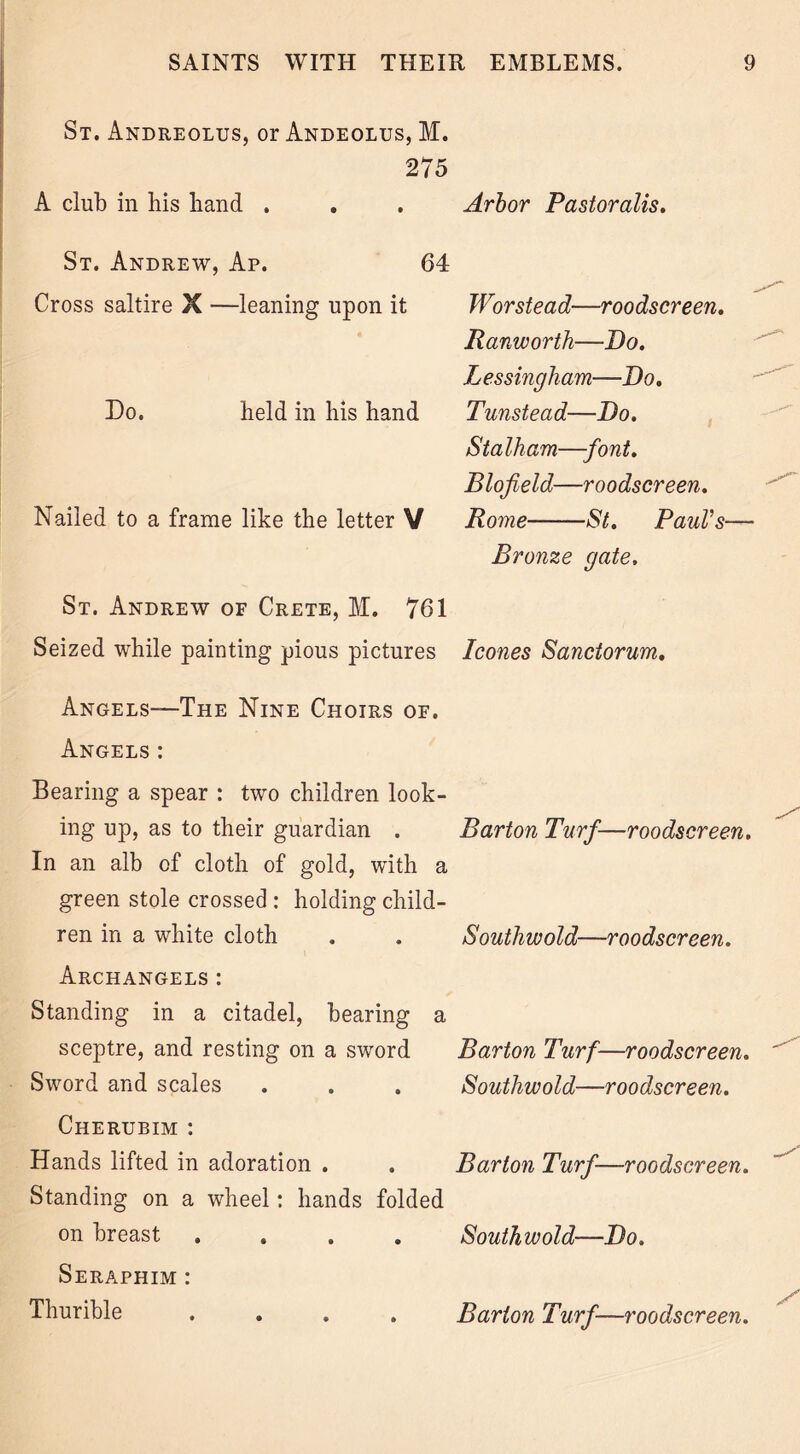 St. Andreolus, or Andeolus, M. 275 A club in his band . . . Arbor Pastoralis. St. Andrew, Ap. 64 Cross saltire X —leaning upon it Worstead—roodscreen. Ranworth—Do. Lessingham—Do. Do. held in his hand Tunstead—Do. Stalham—font. Blofield—roodscreen. Nailed to a frame like the letter V Rome St. Paul’s— Bronze gate, St. Andrew of Crete, M. 761 Seized while painting pious pictures leones Sanctorum. Angels—The Nine Choirs of. Angels: Bearing a spear : two children look- ing up, as to their guardian . Barton Turf—roodscreen. In an alb of cloth of gold, with a green stole crossed : holding child- ren in a white cloth . . Southwold—roodscreen. Archangels: Standing in a citadel, bearing a sceptre, and resting on a sword Barton Turf—roodscreen. Sword and scales . . . Southwold—roodscreen. Cherubim : Hands lifted in adoration . . Barton Turf—roodscreen. Standing on a wheel: hands folded on breast ..... Southwold—Do. Seraphim : Thurible .... Barton Turf—roodscreen.