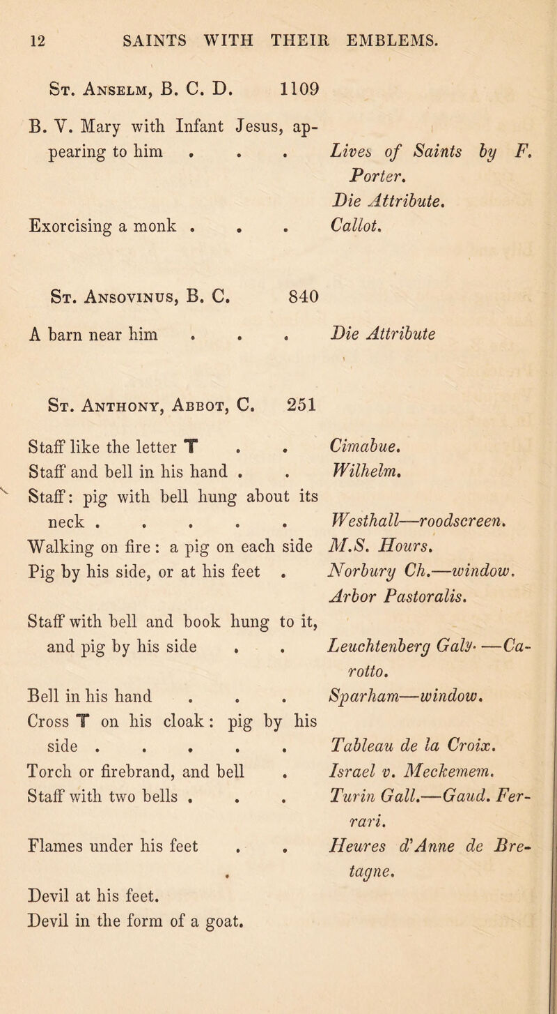 St. Anselm, B. C. D. 1109 B. V. Mary with Infant Jesus, ap- pearing to him Exorcising a monk . St. Ansovinus, B. C. A barn near him Lives of Saints by F. Porter. Die Attribute. C allot. 840 Die Attribute St. Anthony, Abbot, C. 251 Staff like the letter T Staff and bell in his hand . Staff: pig with bell hung about its neck ..... Walking on fire : a pig on each side Pig by his side, or at his feet Cimabue. Wilhelm. Westhall—roodscreen. M.S. Hours. Norbury Ch.—window. Arbor Pastoralis. Staff with bell and book hung to it, and pig by his side . Bell in his hand Cross T on his cloak : pig by his side ..... Torch or firebrand, and bell Staff with two bells . Leuchtenberg Gain Ca- rotto. Sparham—window. Tableau de la Croix. Israel v. MecJcemem. Turin Gall.—Gaud. Fer- rari. Flames under his feet . . Heures d'Anne de Bre- . tagne. Devil at his feet. Devil in the form of a goat.