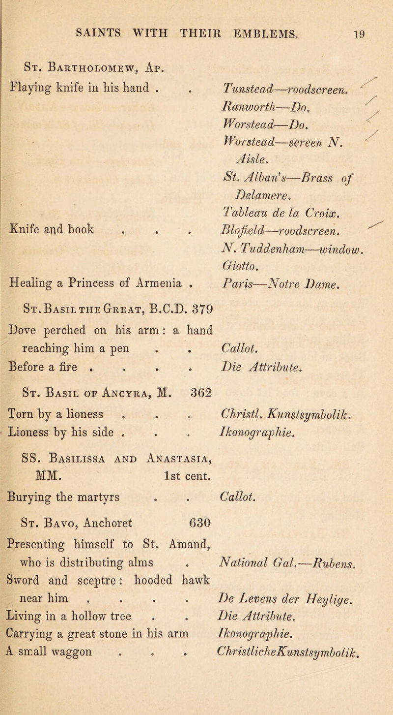St. Bartholomew, Ap. Flaying knife in his hand . Knife and book Healing a Princess of Armenia . Tunstead—roodscreen. Ranworth—Do. Wor stead—Do. Worstead—screen N. Aisle. St. Alban's—Brass of Delamere. Tableau de la Croix. Blofield—roodscreen. N. Tuddenham—window. Giotto. Paris—Notre Dame. a? St. Basil the Great, B.C.D. 379 Dove perched on his arm : a reaching him a pen Before a fire . St. Basil of Ancyra, AT. Torn by a lioness Lioness by his side . hand . Callot. . Die Attribute. 362 Christl. Kunstsymbolik. Ikonographie. SS. Basilissa and Anastasia, MM. 1st cent. Burying the martyrs . . Callot. St. Bavo, Anchoret 630 Presenting himself to St. Amand, who is distributing alms . National Gal.—Rubens. Sword and sceptre: hooded hawk near him ... De Levens der Heylige. Living in a hollow tree . . Die Attribute. Carrying a great stone in his arm Ikonographie. A small waggon . . . ChristlicheKunstsymbolik.