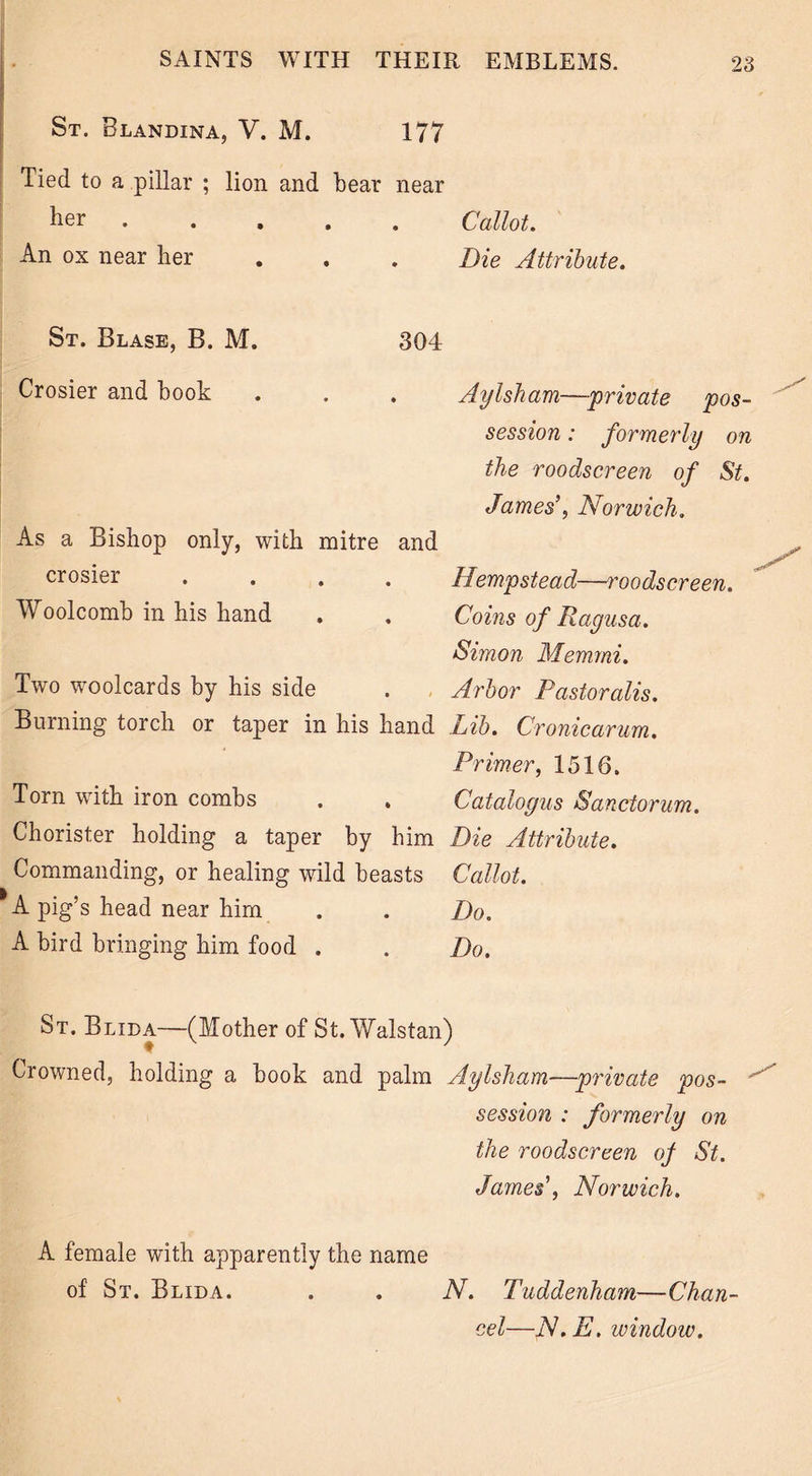 St. Blandina, V. M. 177 Tied to a pillar ; lion and bear near her Callot. An ox near her . , . Die Attribute. St. Blase, B. M. 304 Crosier and book . . . Aylsham—private pos- session : formerly on the roodscreen of St. James’, Norwich. As a Bishop only, with mitre and crosier .... Hempstead—roodscreen. Woolcomb in his hand . . Coins of Ragusa. Simon Memmi. Two woolcards by his side . Arbor Pastoralis. Burning torch or taper in his hand Lib. Cronicarum. Primer, 1516. Torn with iron combs . . Catalogus Sanctorum. Chorister holding a taper by him Die Attribute. Commanding, or healing wild beasts Callot. A pig’s head near him . . Do. A bird bringing him food . . Do. St. Blida—(Mother of St. Walstan) Crowned, holding a book and palm Aylsham—private pos- session : formerly on the roodscreen of St. James’, Norwich. A female with apparently the name of St. Blida. N. Tuddenham—Chan- cel—N. E. window.