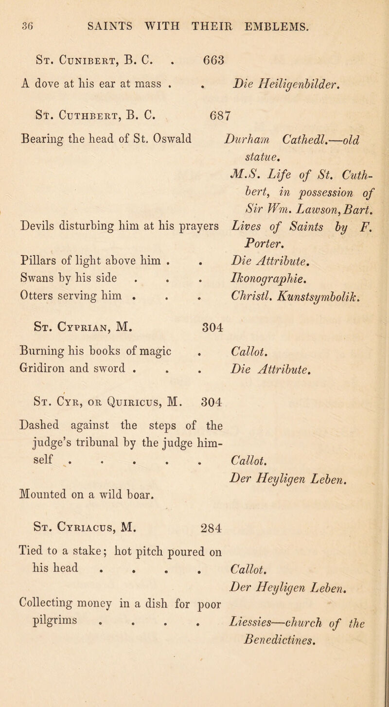 St. Cunibert, B. C. A dove at his ear at mass . St. Cuthbert, B. C. Bearing the head of St. Oswald Pillars of light above him . Swans by his side Otters serving him . St. Cyprian, M. Burning his books of magic Gridiron and sword . 663 . Die Heiligenbilder. 687 Durham Cathedl.—old statue. M.S. Life of St. Cuth- bert, in possession of Sir Wm. Lawson, Bart. Lives of Saints by F. Dorter. Die Attribute. Lkonographie. Christl. Kunstsymbolik. 304 Callot. Die Attribute. Devils disturbing him at his prayers St. Cyr, or Quiricus, M. 304 Dashed against the steps of the judge’s tribunal by the judge him- self . ... . Callot. Der Heyligen Leben. Mounted on a wild boar. St. Cyriacds, M. 284 Tied to a stake; hot pitch poured on his head .... Callot. Der Heyligen Leben. Collecting money in a dish for poor pilgrims .... Liessies—church of the Benedictines.