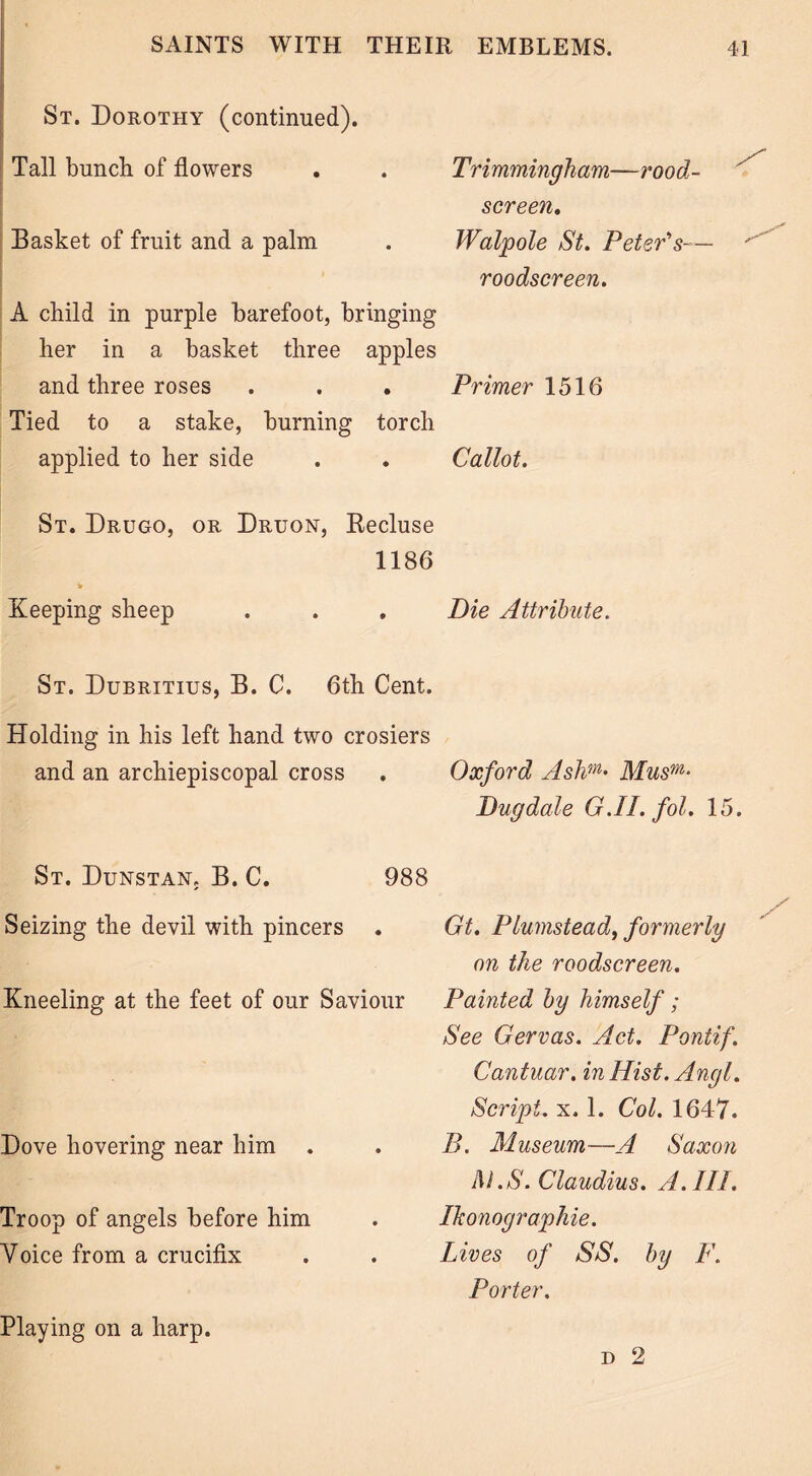 St. Dorothy (continued). Tall bunch of flowers Basket of fruit and a palm A child in purple barefoot, bringing her in a basket three apples and three roses . . . Primer 1516 Tied to a stake, burning torch applied to her side . . Callot. St. Drugo, or Druon, Recluse 1186 Keeping sheep . . , Die Attribute. Trimmingham—rood- screen. Walpole St. Peter’s— roodscreen. St. Dubritius, B. C. 6th Cent. Holding in his left hand two crosiers and an archiepiscopal cross . Oxford Ashm• Musm- Dugdale G.II.fol. 15. St. Dunstan, B. C. 988 Seizing the devil with pincers . Kneeling at the feet of our Saviour Dove hovering near him . Troop of angels before him Voice from a crucifix Gt. Plumstead, formerly on the roodscreen. Painted by himself; See Gervas. Act. Pontif. Cantuar. in Hist. Angl. Script, x. 1. Col. 1647. B. Museum—A Saxon M.S. Claudius. A. III. Ikonographie. Lives of SS. by F. Porter. d 2 Playing on a harp.