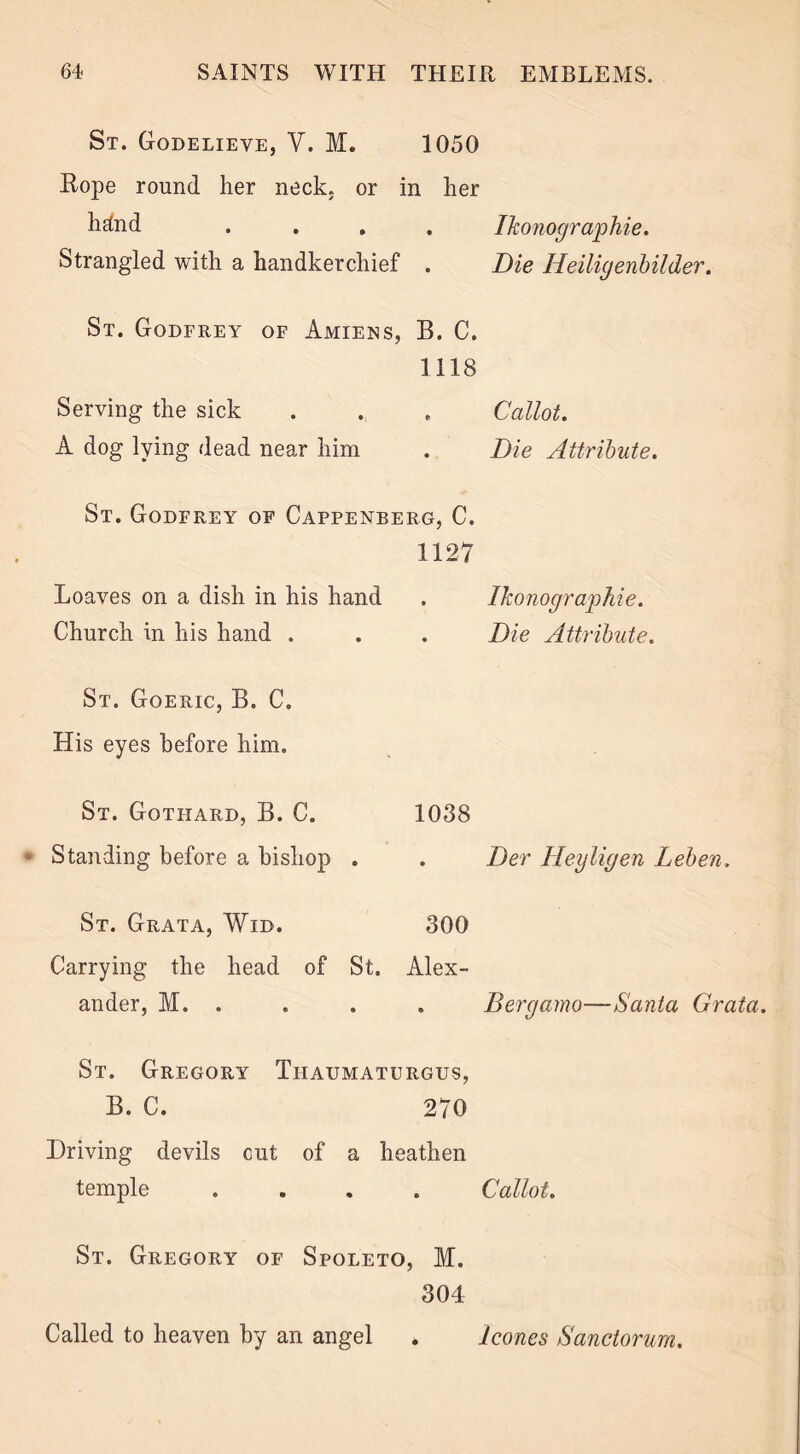 St. Godelieve, Y. M. 1050 Dope round her neck, or in her hdnd .... Ikonographie. Strangled with a handkerchief . Die Heiligenbilder. St. Godfrey of Amiens, B. C. 1118 Serving the sick . . e Callot. A dog lying dead near him . Die Attribute. St. Godfrey of Cappenberg. C. Loaves on a dish in his hand Church in his hand . St. Goeric, B. C. His eyes before him. St. Gotfiard, B. C. Standing before a bishop . St. Grata, Wid. Carrying the head of St. ander, M. . 1127 . Ikonographie. . Die Attribute. 1038 . Der Heyligen Leben. 300 Alex- . Bergamo—Santa Grata. St. Gregory Tiiaumaturgus, B. C. 270 Driving devils cut of a heathen temple .... Callot. St. Gregory of Spoleto, M. 304 Called to heaven by an angel . leones Sanctorum.