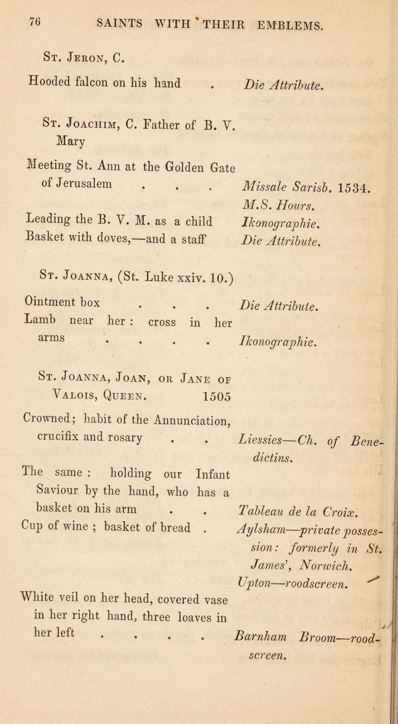 St. Jeron, C. Hooded falcon on his hand . Die Attribute. St. Joachim, C. Father of B. V. Mary Meeting St. Ann at the Golden Gate oi Jerusalem . , . Missale Sarisb. 1534. M.S. Hours. Leading the B. V. M. as a child Ikonograpliie. Basket with doves,—and a staff Die Attribute. St. Joanna, (St. Luke xxiv. 10.) Ointment box . . . Die Attribute. Lamb near her : cross in her aims • • • . Ikonograpliie. St. Joanna, Joan, or Jane of Valois, Queen. 1505 Crowned; habit of the Annunciation, crucifix and rosary . . Liessies—Ch. of Bene■ diet ins. The same : holding our Infant Saviour by the hand, who has a basket on his arm Cup of wine ; basket of bread . White veil on her head, covered vase in her right hand, three loaves in her left Tableau de la Croix. Aylsham—private posses- sion: formerly in St. James’, Norwich. Upton—roodscreen. ^ Barnham Broom—rood- screen.