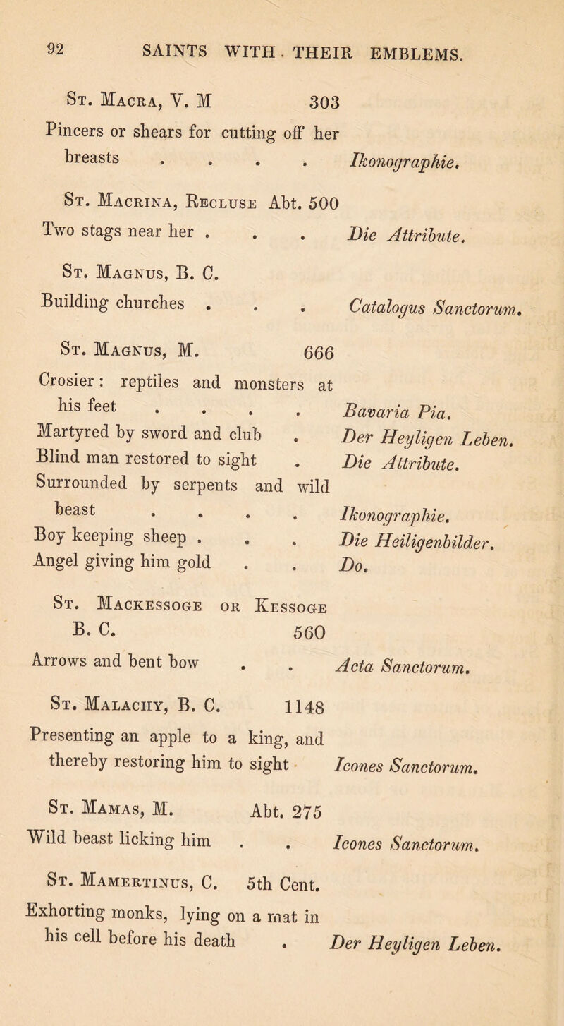 St. Macra, V. M 303 Pincers or shears for cutting off her breasts .... Ikonographie. St. Macrina, Recluse Abt. 500 Two stags near her . Die Attribute. St. Magnus, B. C. Building churches Catalogus Sanctorum. St. Magnus, M. 666 Crosier: reptiles and monsters at his feet .... Martyred by sword and club Blind man restored to sight Surrounded by serpents and wild beast .... Boy keeping sheep . Angel giving him gold Bavaria Pia. Der Heyligen Leben. Die Attribute. Ikonographie. Die Heiligenbilder. Do. St. Mackessoge or Kessoge B. C. 560 Arrows and bent how . . Acta Sanctorum. St. Malachy, B. C. 1148 Presenting an apple to a king, and thereby restoring him to sight leones Sanctorum. St. Mamas, M. Abt. 275 Wild beast licking him . . leones Sanctorum. St. Mamertinus, C. 5th Cent. Exhorting monks, lying on a mat in his cell before his death . Der Heyligen Leben.