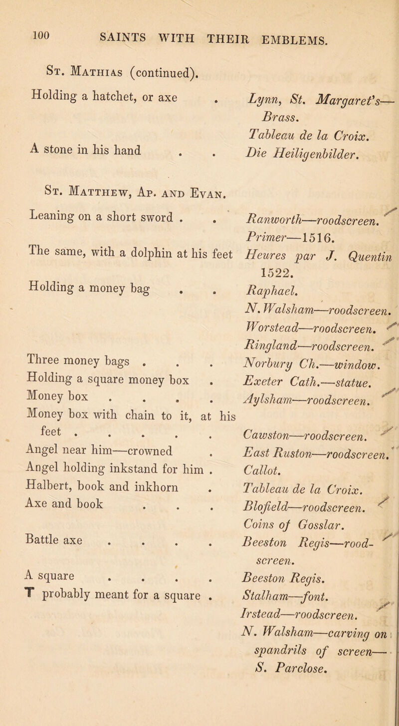 St. Mathias (continued). Holding a hatchet, or axe Lynn, St. Margaret's— Brass. Tableau de la Croix. A stone in his hand Die Heiligenbilder. St. Matthew, Ap. and Evan. Leaning on a short sword . Ranworth—roodscreen. Primer—1516. The same, with a dolphin at his feet Pleures par J. Quentin 1522. Holding a money bag Raphael. N. Walsham—roodscreen. Worstead—roodscreen. Ringland—roodscreen. ^ Three money hags . Norbury Ch.—window. Holding a square money box Exeter Cath.—statue. Money box .... Aylsham—roodscreen. Money box with chain to it, at his feet Cawston—roodscreen. Angel near him—crowned East Ruston—roodscreen. Angel holding inkstand for him . Callot. Halbert, book and inkhorn Tableau de la Croix. Axe and book y Blofield—roodscreen. ' Coins oj Gosslar. Battle axe .... Beeston Regis—rood- ^ screen. A square .... Beeston Regis. T probably meant for a square . Stalham—font. «/ y Instead—roodscreen. N. Walsham—carving on spandrils of screen— S. Parclose.