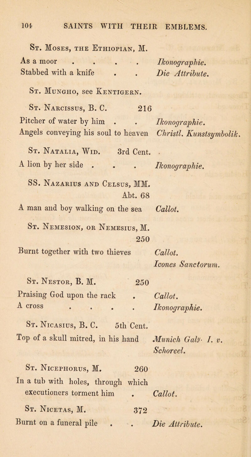 St. Moses, the Ethiopian, M. As a moor .... Ikonographie. Stabbed with a knife . . Die Attribute. St. Mungho, see Kentigern. St. Narcissus, B. C. 216 Pitcher of water by him . . Ikonographie. Angels conveying his soul to heaven Christl. Kunstsymbolik. St. Natalia, Wid. 3rd Cent. . A lion by her side . . . Ikonographie. SS. Nazarius and Celsus, MM. Abt. 68 A man and boy walking on the sea Callot. St. Nemesion, or Nemesius, M. 250 Burnt together with two thieves Callot. leones Sanctorum. St. Nestor, B. M. 250 Praising God upon the rack . Callot. A cross .... Ikonographie. St. Nicasius, B. C. 5th Cent. Top of a skull mitred, in his hand Munich Galy• I. v. Schoreel. St. Nicephorus, M. 260 In a tub with holes, through which executioners torment him . Callot. St. Nicetas, M. 372 Burnt on a funeral pile . . Die Attribute.