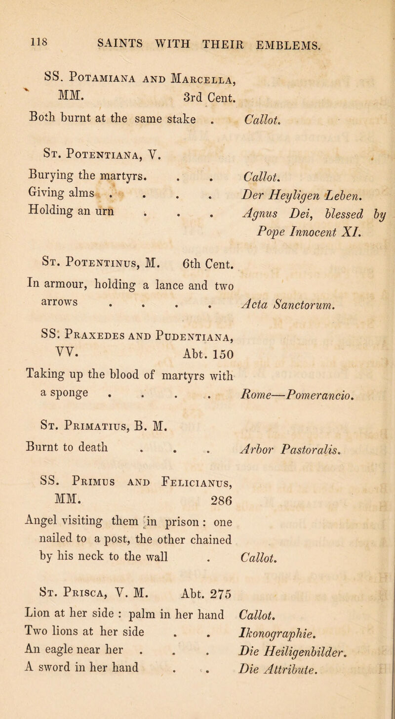 SS. PoTAMIANA AND MARCELLA, MM. 3rd Cent. Both burnt at the same stake . Callot. St. Potentiana, V. Burying the martyrs. Giving alms- . Holding an urn St. Potentinus, M. 6th Cent. In armour, holding a lance and two arrows Callot. Der Heyligen Leben. Agnus Dei, blessed by Pope Innocent XI. Acta Sanctorum. SS. Praxedes and Pudentiana, MV. Abt. 150 Taking up the blood of martyrs with a sponge .... Rome—Pomerancio. St. Primatius, B. M. Burnt to death Arbor Pastoralis. SS. Primus and Felicianus, MM. 286 Angel visiting them Tn prison : one nailed to a post, the other chained by his neck to the wall . Callot. St. Prisca, V. M. Abt. 275 Lion at her side : palm in her hand Callot. . . Ikonographie. Two lions at her side An eagle near her A sword in her hand Die Heiligenbilder. Die Attribute.