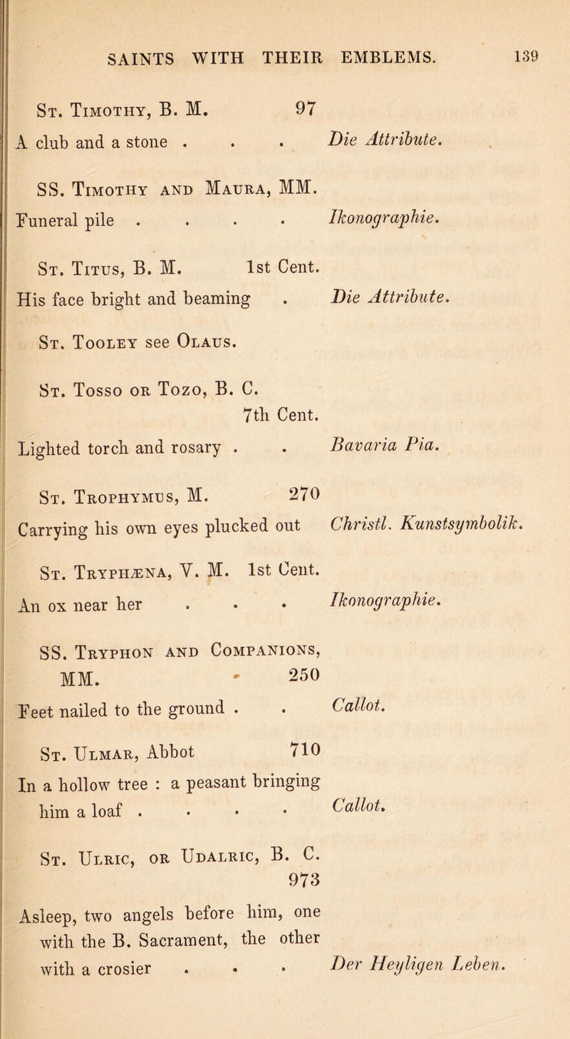 St. Timothy, B. M. 97 A club and a stone . . . Die Attribute. SS. Timothy and Maura, MM. Funeral pile .... Ikonographie. St. Titus, B. M. 1st Cent. His face bright and beaming . Die Attribute. St. Tooley see Olaus. St. Tosso or Tozo, B. C. 7th Cent. Lighted torch and rosary . . Bavaria Pia. St. Trophymus, M. 270 Carrying his own eyes plucked out Christl. Bunstsymbolik. St. Tryppi^na, Y. M. 1st Cent. An ox near her . • • Ikonographie. SS. Tryphon and Companions, MM. ' 250 Feet nailed to the ground . . Callot. St. Ulmar, Abbot 710 In a hollow tree : a peasant bringing him a loaf . Callot. St. Ulric, or Udalric, B. C. 973 Asleep, two angels before him, one with the B. Sacrament, the other with a crosier . . • Dev Heyligen Leben.