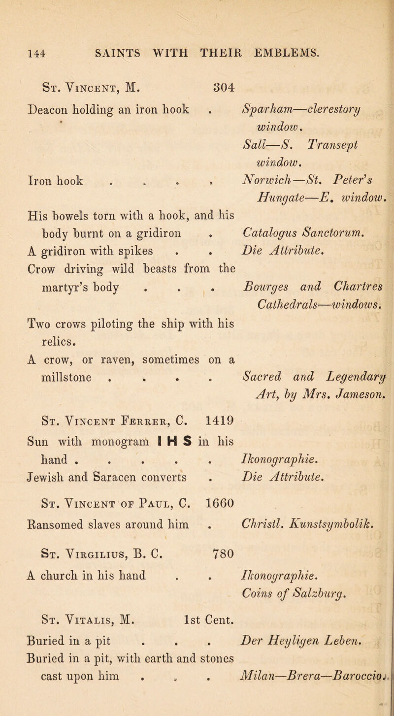 St. Vincent, M. 304 Deacon holding an iron hook . Spar ham—clerestory window. Sail—S. Transept window. Iron hook . Norwich—St. Peter's Hungate—E. window. His bowels torn with a hook, and his body burnt on a gridiron . Catalogus Sanctorum. A gridiron with spikes . Die Attribute. Crow driving wild beasts from the martyr’s body . Bourges and Chartres Cathedrals—windows. Two crows piloting the ship with his relics. A crow, or raven, sometimes on a millstone . Sacred and Legendary Art, by Mrs. Jameson. St. Vincent Ferrer, C. 1419 Sun with monogram I H S in his hand .... . Ikonographie. Jewish and Saracen converts . Die Attribute. St. Vincent of Paul, C. 1660 Ransomed slaves around him . Christl. Kunstsymbolik. St. Virgilius, B. C. 780 A church in his hand . Ikonographie. Coins of Salzburg. St. Vitalis, M. 1st Cent. Buried in a pit . Der Heyligen Leben. Buried in a pit, with earth and stones cast upon him . Milan—Brera—Baroccioj
