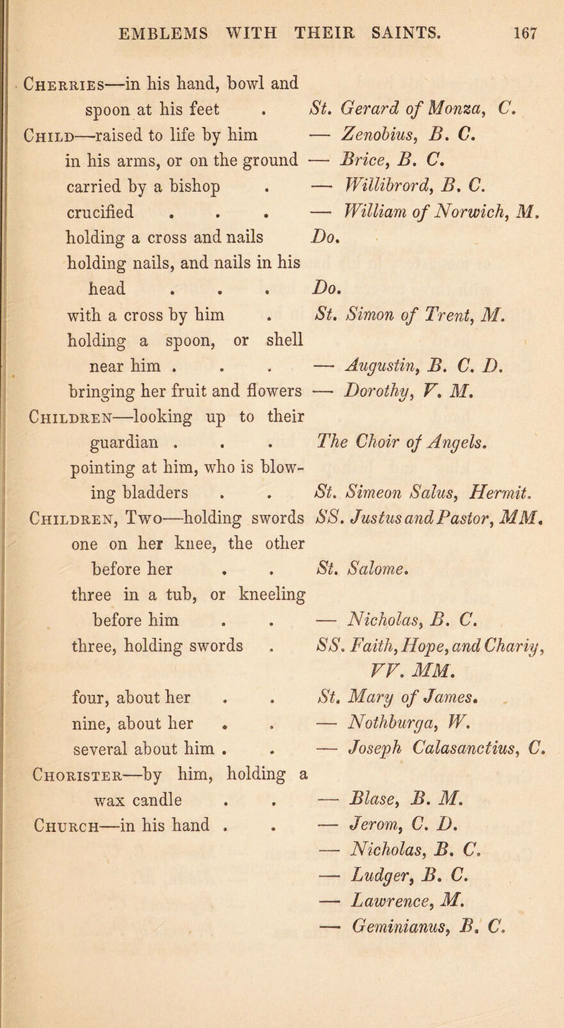 Cherries—in his hand, bowl and spoon at his feet . St. Gerard of Monza, C. Child—raised to life by him — Zenobius, B. C. in his arms, or on the ground — Brice, B. C. carried by a bishop . — Willibrord, B. C. crucified ... — William of Norwich, M. holding a cross and nails Do. holding nails, and nails in his head . . . Do. with a cross by him . St. Simon of Trent, M. holding a spoon, or shell near him . . . — Augustin, B. C. D. bringing her fruit and flowers — Dorothy, V. M. Children—looking up to their guardian . . . The Choir oj Angels. pointing at him, who is blow- ing bladders . . St. Simeon Salus, Hermit. Children, Two—-holding swords SS. Justus and Pastor, MM. one on her knee, the other before her . . St. Salome. three in a tub, or kneeling before him . . — Nicholas, B. C. three, holding swords . SS. Faith, Hope, and Chariy, VV. MM. four, about her nine, about her several about him . Chorister—by him, holding wax candle Church—in his hand . St. Mary of James. — Nothburga, W. — Joseph Calasanctius, C, — Blase, B. M. — Jerom, C. D. — Nicholas, B. C. — Ludger, B. G. — Lawrence, M. — Geminianus, B. C.