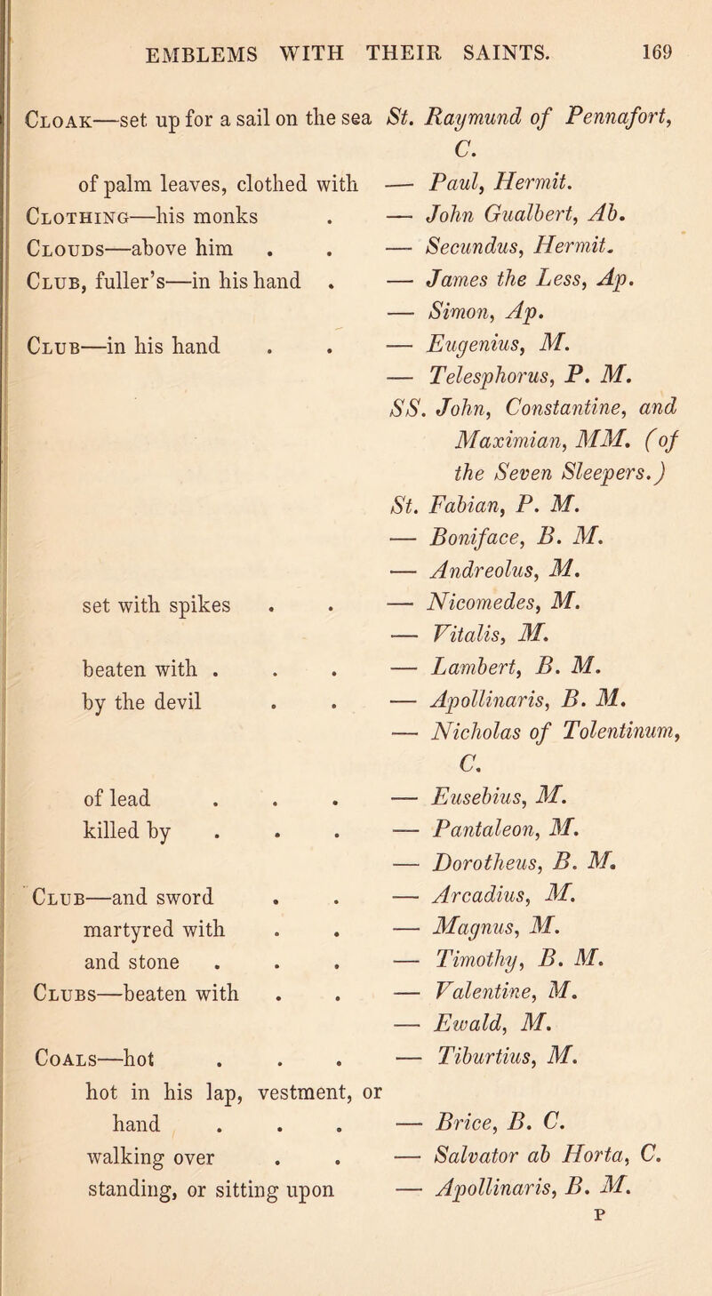 Cloak—set up for a sail on tlie sea St. Raymund of Pennafort, C. of palm leaves, clothed with Clothing—his monks Clouds—above him Club, fuller’s—in his hand Club—in his hand set with spikes beaten with . by the devil of lead killed by Club—-and sword martyred with and stone Clubs—beaten with — Paul, Hermit. — John Gualbert, Ab. —- Secundus, Hermit„ — James the Less, Ap. —- Simon, Ap. — Eugenius, M. — Telespliorus, P. M. SS. John, Constantine, and Maximian, MM. (of the Seven Sleepers.) St. Fabian, P. M. — Boniface, B. M. —- Andreolus, M. — Nicomedes, M. ■— Vitalis, M. — Lambert, B. M. — Apollinaris, B. M. — Nicholas of Tolentinum, C. -— Eusebius, M. — Pantaleon, M. ■— Dorotheus, B. M. — Arcadius, M. — Magnus, M. ■— Timothy, B. M. — Valentine, M. — Ewald, M. — Tiburtius, M. Coals—hot hot in his lap, vestment, or hand walking over standing, or sitting upon Brice, B. C. Salvator ab Horta, C. Apollinaris, B. M.