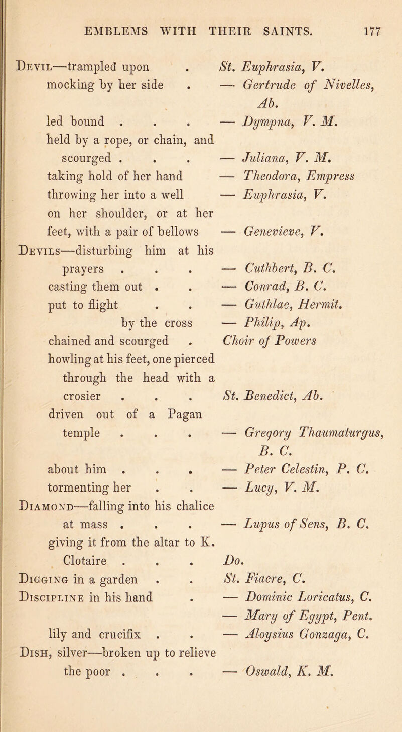 Devil—trampled upon mocking by her side led bound held by a rope, or chain, and scourged . taking hold of her hand throwing her into a well on her shoulder, or at her feet, with a pair of bellows Devils—disturbing him at his prayers casting them out . put to flight by the cross chained and scourged howling at his feet, one pierced through the head with a crosier driven out of a Pagan temple about him . . . tormenting her Diamond—falling into his chalice at mass . giving it from the altar to K. Clotaire Digging in a garden Discipline in his hand lily and crucifix Dish, silver—broken up the poor . St. Euphrasia, V. — Gertrude of Nivelles, Ah. — Dympna, V. M. — Juliana, V. M. — Theodora, Empress — Euphrasia, V. — Genevieve, V. — Cuthbert, B. C. •— Conrad, B. C. — Guthlac, Hermit. ■— Philip, Ap. Choir of Powers St. Benedict, Ah. — Gregory Thaumaturgus, B. C. — Peter Celestin, P. C. — Lucy, V. M. — Lupus of Sens, B. C. Do. St. Fiacre, C. — Dominic Loricatus, C. — Mary of Egypt, Pent. — Aloysius Gonzaga, C. relieve — Oswald, K. M.