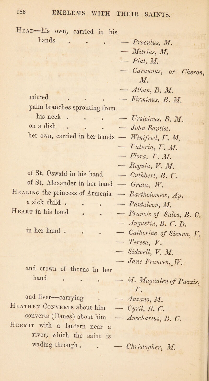 Head-—his own, carried in his hands Proculus, 31. Mitrius, M. Fiat, M. — Caraunus, or M. Cheron, mitred palm branches sprouting from his neck . on a dish her own, carried in her hands of St. Oswald in his hand of St. Alexander in her hand Healing the princess of Armenia a sick child . Heart in his hand in her hand . — Alban, B. M. — Firminus, B. 31. — TJrsicinus, B. 31. — John Baptist. — Winifred, V. M. — Valeria, V. 31. — Flora, V. 31. — Regula, V. 31. — Cuthbert, B. C. — Grata, W. — Bartholomew, Ap. — Fantaleon, 31. '— Francis of Sales, B. C. — Augustin, B. C. D. Catherine of Sienna, V. — Teresa, 1. — Sidwell, V. 31. and crown of thorns in her hand and liver—carrying Heathen Converts about him converts (Danes) about him Hermit with a lantern near a river, which the saint is — Jane Frances. TV. —■ 31. Magdalen of Pazzis, V. — Anzano, M. — Cyril, B. C. — Anscharius, B. C. wading through . . — Christopher, 31.