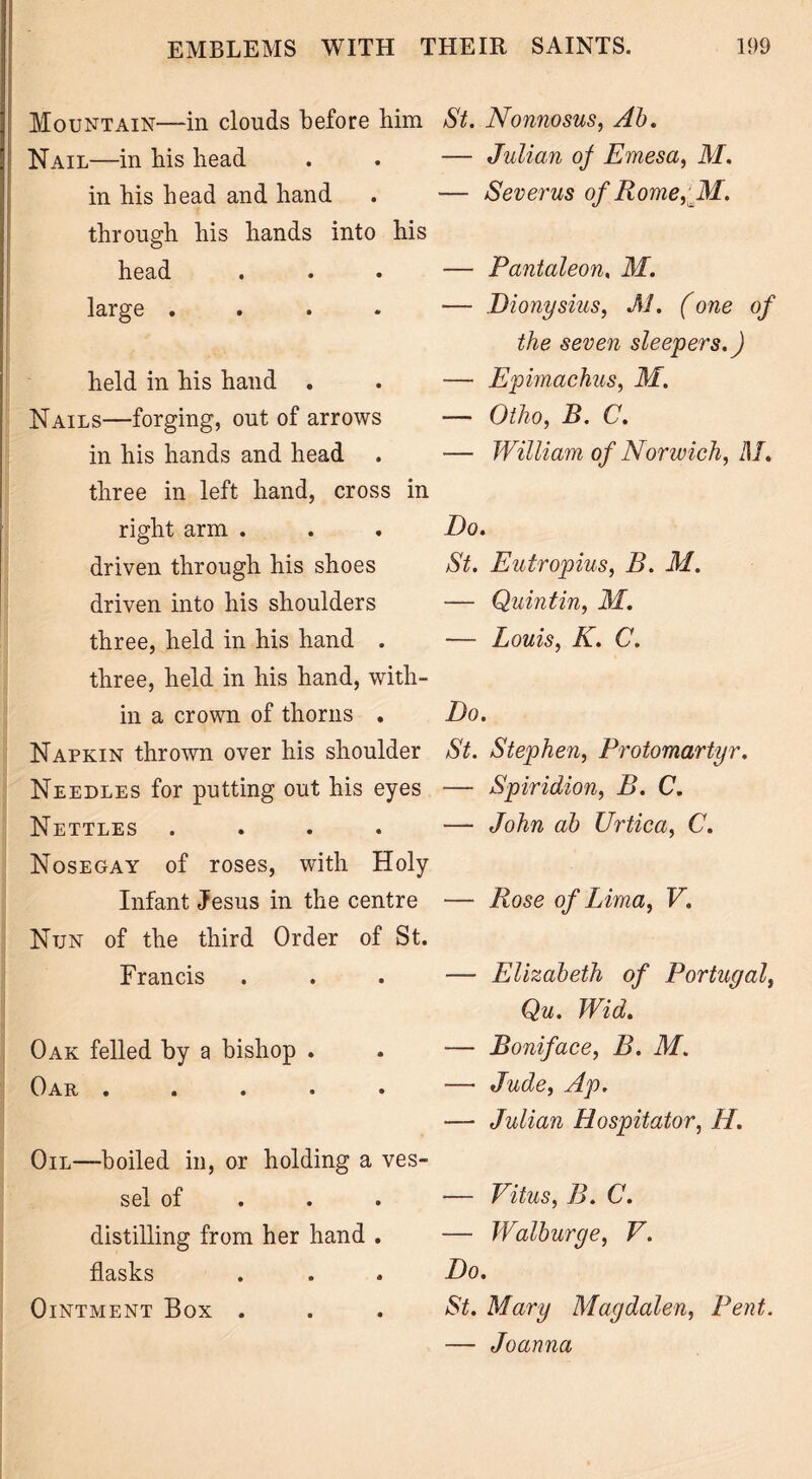 Mountain—in clouds before him Nail—in his head in his head and hand through his hands into his head large .... held in his hand . Nails—forging, out of arrows in his hands and head . three in left hand, cross in right arm . driven through his shoes driven into his shoulders three, held in his hand . three, held in his hand, with- in a crown of thorns . Napkin thrown over his shoulder Needles for putting out his eyes Nettles .... Nosegay of roses, with Holy Infant Jesus in the centre Nun of the third Order of St. Francis Oak felled by a bishop . Oak ..... Oil—boiled in, or holding a ves- sel of distilling from her hand . flasks Ointment Box . St. Nonnosus, Ab. — Julian of Emesa, M. — Severus of Rome, M. — Pantaleon, M. — Dionysius, Al. (one of the seven sleepers.) — Epimachus, M. — Otho, B. C. — William of Norwich, M. Do. St. Eutropius, B. M. — Quint in, M. — Louis, K. C. Do. St. Stephen, Protomartyr. — Spiridion, B. C. — John ab Urtica, C. — Rose of Lima, V. — Elizabeth of Portugal, Qu. Wid. — Boniface, B. M. ■— Jude, Ap. — Julian Hospitator, H. — Vitus, B. C. — Walburge, V. Do. St. Mary Magdalen, Pent. — Joanna