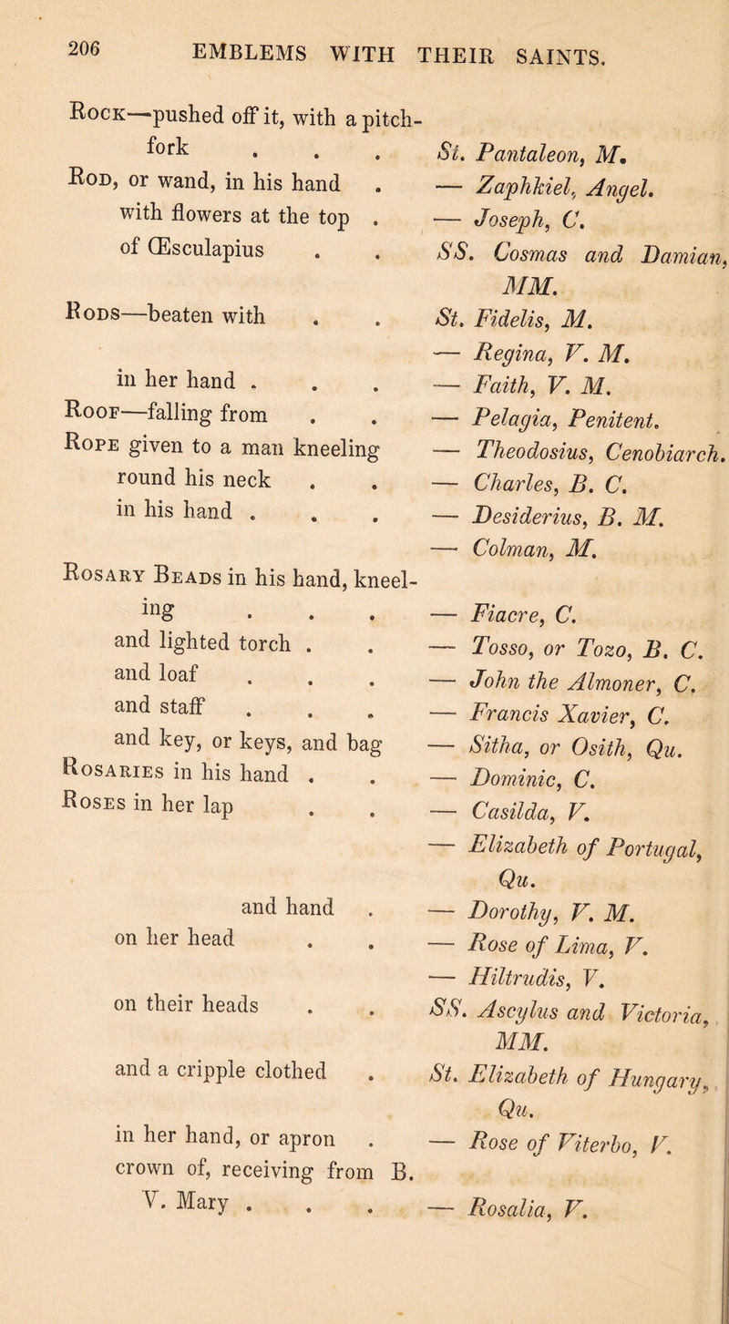 Rock—“pushed off it, with a pitch- fork Rod, or wand, in his hand with flowers at the top . of (Esculapius Rods—beaten with in her hand . Roof—falling from Rope given to a man kneeling round his neck in his hand . Rosary Beads in his hand, kneel- ing ... and lighted torch . and loaf and staff and key, or keys, and bag Rosaries in his hand . Roses in her lap and hand on her head on their heads and a cripple clothed in her hand, or apron crown of, receiving from B. V. Mary . St. Pantaleon, M. — Zaphkiel, Angel. — Joseph, C. SS. Cosmas and Damian, MM. St. Fidelis, M. — Regina, V. M. — Faith, V. M. — Pelagia, Penitent. — Theodosius, Cenobiarch. — Charles, B. C. — Desiderius, B. M. — Colman, M. — Fiacre, C. — Tosso, or Tozo, B. C. — John the Almoner, C. — Francis Xavier, C. — Sitha, or Osith, Qu. — Dominic, C. — Casilda, V. — Elizabeth of Portugal, Qu. ■— Dorothy, V. M. — Rose of Lima, V. — Hiltrudis, V. SS. Ascylus and Victoria, MM. St. Elizabeth of Hungary? Qu. — Rose of Viterbo, V. Rosalia, V.