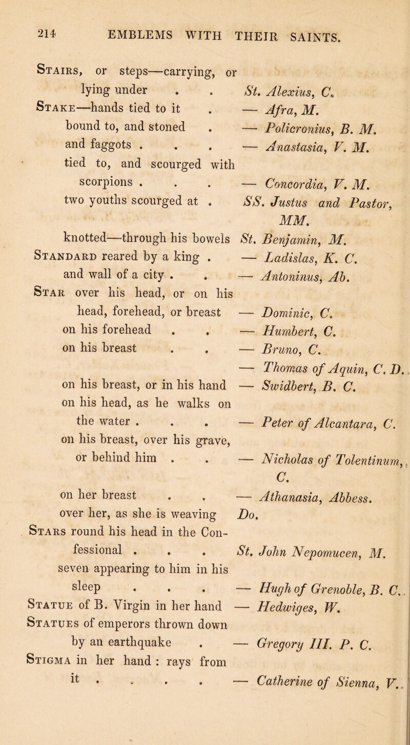 Stairs, or steps—carrying, or lying under Stake—hands tied to it hound to, and stoned and faggots . tied to, and scourged with scorpions . two youths scourged at . knotted—through his bowels Standard reared by a king . and wall of a city . Star over his head, or on his head, forehead, or breast on his forehead on his breast on his hreast, or in his hand on his head, as he walks on the water . on his breast, over his grave, or behind him . on her breast over her, as she is weaving Stars round his head in the Con- fessional . seven appearing to him in his sleep Statue of B. Virgin in her hand Statues of emperors thrown down by an earthquake Stigma in her hand : rays from St. Alexius, C„ — Afra, M. — Policronius, B. M. — Anastasia, V. M. — Concordia, V. M. SS. Justus and Pastor, MM. St. Benjamin, M. — Ladislas, K. C. — Antoninus, Ah. — Dominic, C. — Humbert, C. — Bruno, C. — Thomas of A quin, C. D., — Swidbert, B. C. — Peter of Alcantara, C. — Nicholas of Tolentinum, C. — Athanasia, Abbess. Do. St. John Nepornucen, M. — Hugh of Grenoble, B. C. — Hedwiges, W. — Gregory III. P. C. — Catherine of Sienna, V.
