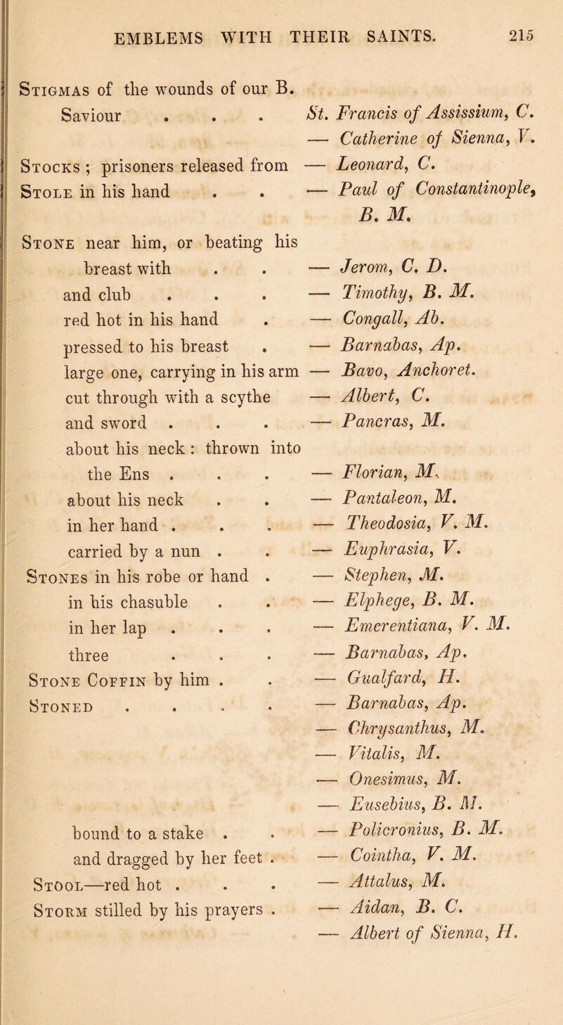 Stigmas of the wounds of our B. Saviour . . . St. Francis of As sis shim, C. — Catherine of Sienna, T . Stocks ; prisoners released from — Leonard, C. Stole in his hand . . — Paul of Constantinople, B. M. Stone near him, or heating his breast with and club red hot in his hand pressed to his breast large one, carrying in his arm cut through with a scythe and sword about his neck: thrown into the Ens . about his neck in her hand . carried by a nun . Stones in his robe or hand . in his chasuble in her lap three Stone Coffin by him . Stoned .... bound to a stake . and dragged by her feet . Stool—red hot . Storm stilled by his prayers . — Jerom, C. D. — Timothy, B. M. — Cong all, Ah. — Barnabas, Ap. — Bavo, Anchoret. — Albert, C. — Pancras, M. — Florian, M, — Pantaleon, M. — Theodosia, V. M. — Euphrasia, V. — Stephen, M. — Elphege, B. M. — Emcrentiana, V. M. — Barnabas, Ap. — Gualfard, H. — Barnabas, Ap. — Chrysanthus, M. — Vitalis, M. ■— Onesimus, M. — Eusebius, B. M. — Policronius, B. M. — Cointha, V. M. — Attains, M. — Aidan, B. C. — Albert of Sienna, H.