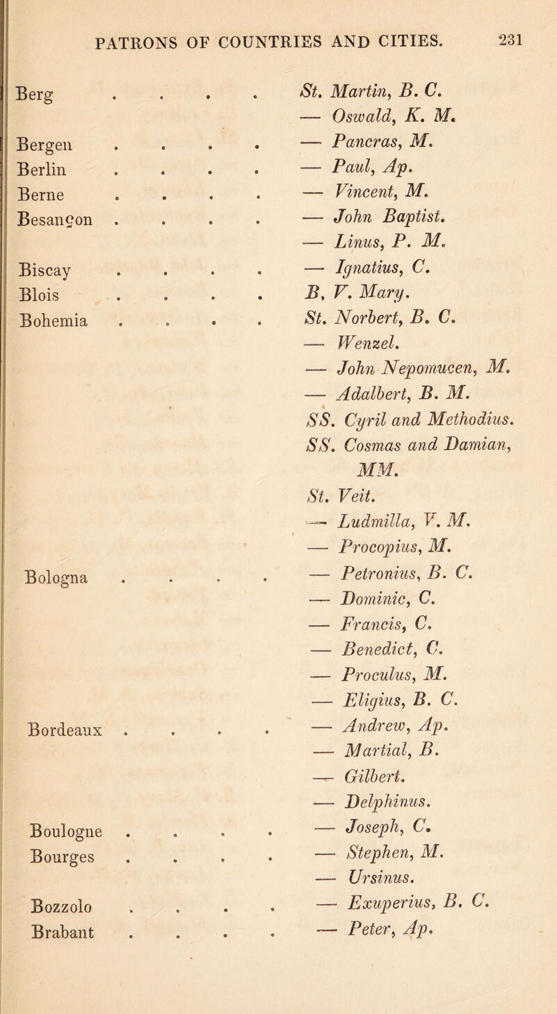 Berg : I Bergen Berlin Berne BesanSon Biscay Blois Bohemia Bologna Bordeaux Boulogne Bourges Bozzolo Brabant St. Martin, B. C. — Oswald, K. M. —• Pancras, M. — Paul, Ap. ■— Vincent, M. — John Baptist. — Linus, P. M. — Ignatius, C. B, V. Mary. St. Norberty B. C. — Wenzel. — John Nepomucen, M. ■—• Adalbert, B. M. SS. Cyril and Methodius. SS. Cosmas and Damian, MM. St. Veit. — Ludmilla, V. M. — Procopius, M. — Petronius, B. C. — Dominic, C. — Francis, C. — Benedict, 0. — Proculus, M. — Eligius, B. C. — Andrew, Ap. — Martial, B. — Gilbert. — Delphinus. — Joseph, C. — Stephen, M. — Ur sinus. — Exuperius, B. C. — Peter, Ap.