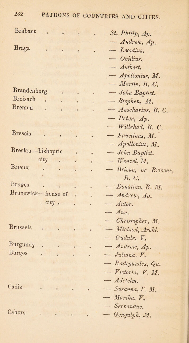 Brabant Braga Brandenburg Breisach Bremen Brescia Breslau—bishopric city Brieux Bruges Brunswick—house of . city . Brussels Burgundy . Burgos Cadiz Cahors St. Philip, Ap. — Andrew, Ap. — Leontius. — Ovidius. — Auibert. — Apollonius, M. -— Martin, B. C. — John Baptist. — Stephen, M. — Anscharius, B. C. — Peter, Ap. — Willehad, B. C. — Faustinus, M. ■— Apollonius, M. — John Baptist. — Wenzel, M. —- Brieuc, or Briocus, B. C. ■— Donatian, B. M. ■—- Andrevj, Ap. — Autor. — Ann. — Christopher, M. — Michael, Archl. — Gudule, V. — Andrew, Ap. — Juliana. V. — Radegundes, Qu. — Victoria, V. M. — Adelelm, — Susanna, V. M. — Martha, Va •— Servandus. — Gengulph, M.
