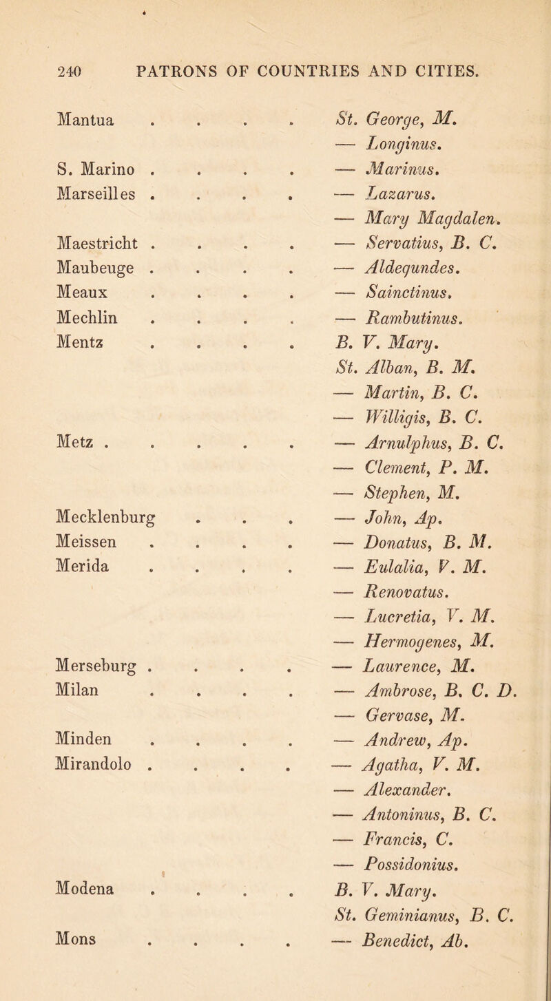 Mantua • • » St. George, M. — Longinus. S. Marino . « • * — Mar inns. Marseilles . ♦ • • — Lazarus. — Mary Magdalen. Maestricht . • • • — Servatius, B. C. Maubeuge . • • • — Aldegundes. Meaux * • • — Sainctinus. Mechlin • • • — Rambutinus. Mentz • • • B. V. Mary. Metz . Mecklenburg Meissen Merida Merseburg . Milan Minden Mirandolo . St. Alban, B. M. — Martin, B. C. — Willigis, B. C. — Arnulphus, B. C. — Clement, P. ikf. — Stephen, M., — John, Ap. — Donatus, B. M. — Eulalia, V. iVf. — Renovatus. — Lucretia, V. M. — Hermogenes, M. — Laurence, M. — Ambrose, B. C. D. — Gervase, M. — Andrew, Ap. — Agatha, V. M. — Alexander. — Antoninus, B. C. — Francis, C. — Possidonius. Modena Mons B. V. Mary. St. Geminianus, B. C. — Benedict, Ab.