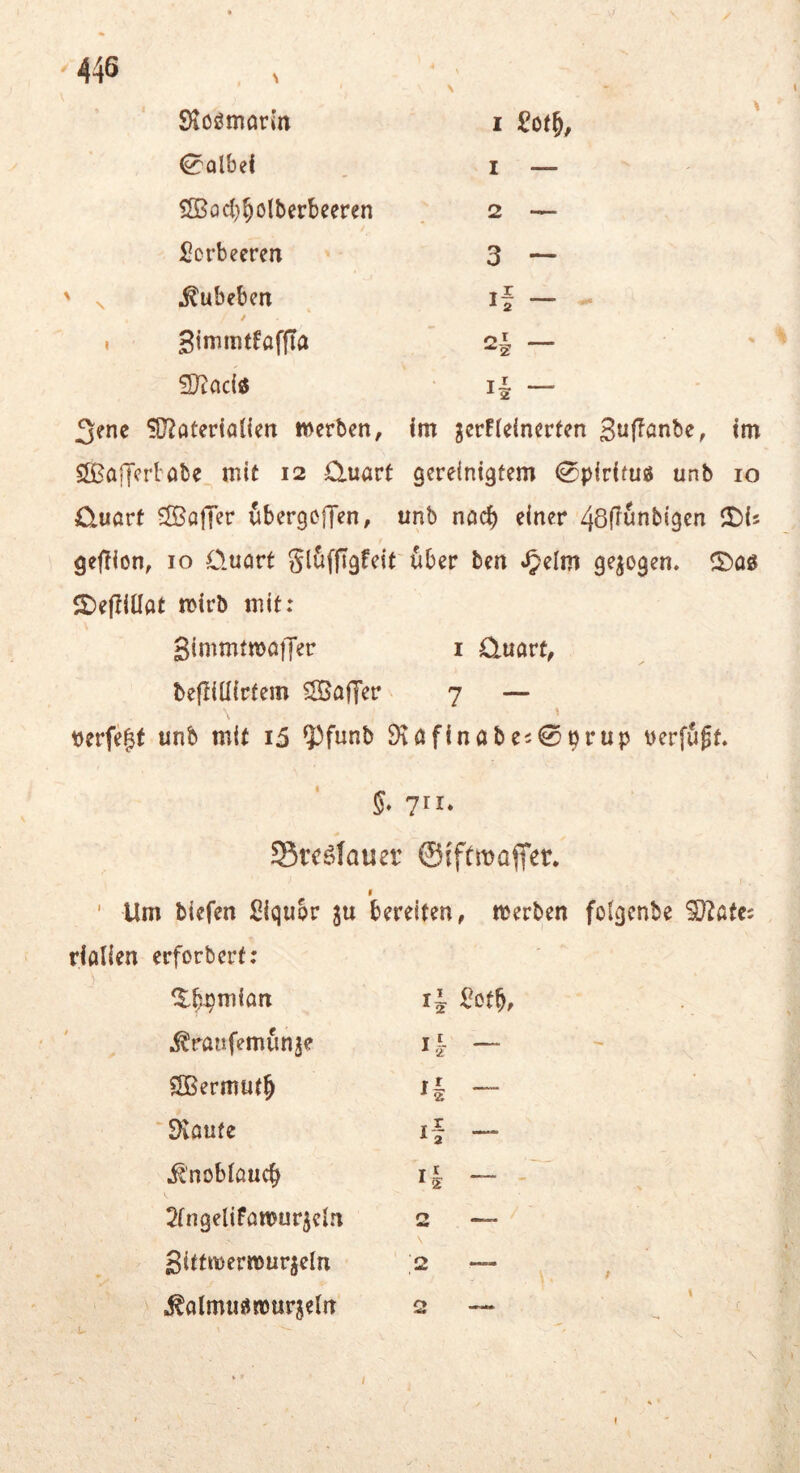 * 446 \ ■> SJöömarm I fof§. 0olbei I — 2ßocl)^olberbeeren 2 — Lorbeeren 3 — \ ^ubeben / if — - 1 BimmtfafITa ■ 2^ - iD?ac{tf — 3tne ?0?ateria(ien merben. im jerUeinerfen int SlßaiTcrtabe mit 12 0.uart gereinigtem 0pirituö unb 10 Cluarf SOBoffer SbergcfTen, unb noc^ iDij geftion, IO Üuort gl^ffTgfeit über ben Jjelm gezogen. i£)e|!illat mirb mit: SimmtmaiTer i Quart, befliüirfem SBaffer 7 — 1 t)erfe|t unb mit i5 ?)funb 9\aflnabe5 0prup uerfuft. §‘ 711. Srcölauer I ' Um bicfen Siquor bereiten, merben fotgcnbe ^^atc; rialien erforberf: ) ^tbpmian rj i?otb/ i^ranfemun^e Iz — SBermut^ — '^aufe ll — j^'nobiauc^ II — Sfngelifamurjeirt fy — - / gittmermurjeln 2 — ^almuanöurjelit 2 — V \ /