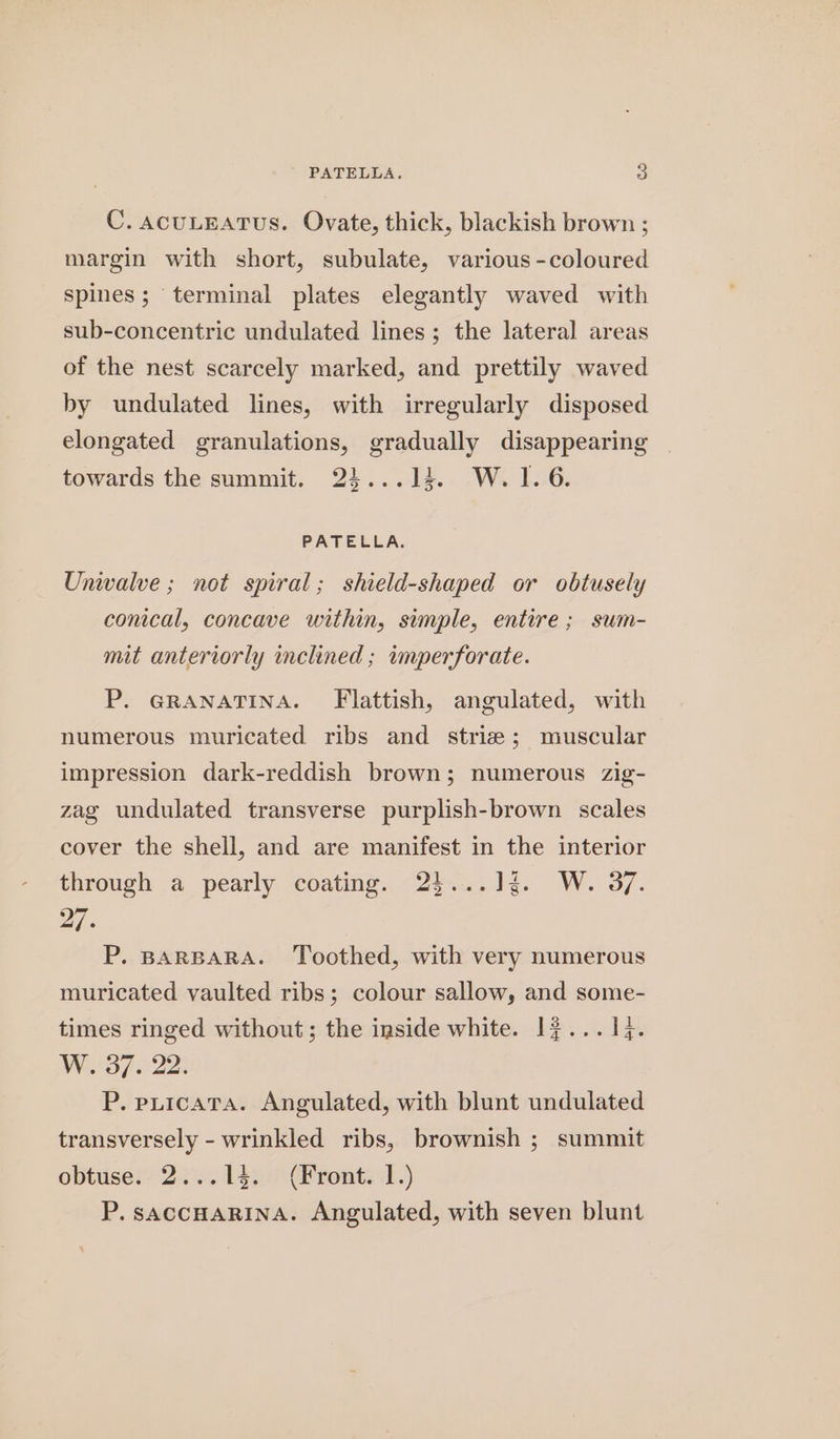 C. AcULEATUS. Ovate, thick, blackish brown ; margin with short, subulate, various -coloured spines; terminal plates elegantly waved with sub-concentric undulated lines; the lateral areas of the nest scarcely marked, and prettily waved by undulated lines, with irregularly disposed elongated granulations, gradually disappearing towards the summit. 24...1]14. W. 1.6. PATELLA. Univalve ; not spiral; shield-shaped or obtusely conical, concave within, simple, entire; sum- mit anteriorly inclined ; imperforate. P. GRANATINA. Flattish, angulated, with numerous muricated ribs and strize; muscular impression dark-reddish brown; numerous zig- zag undulated transverse purplish-brown scales cover the shell, and are manifest in the interior through a pearly. coating..<2)....52. W. 37. O/ P. BARBARA. Toothed, with very numerous muricated vaulted ribs; colour sallow, and some- times ringed without; the inside white. 1$...14. WS 70225 P. puicatTa. Angulated, with blunt undulated transversely - wrinkled ribs, brownish ; summit obtiser 25 %.-1420(Bronts il.) P. saCcCHARINA. Angulated, with seven blunt