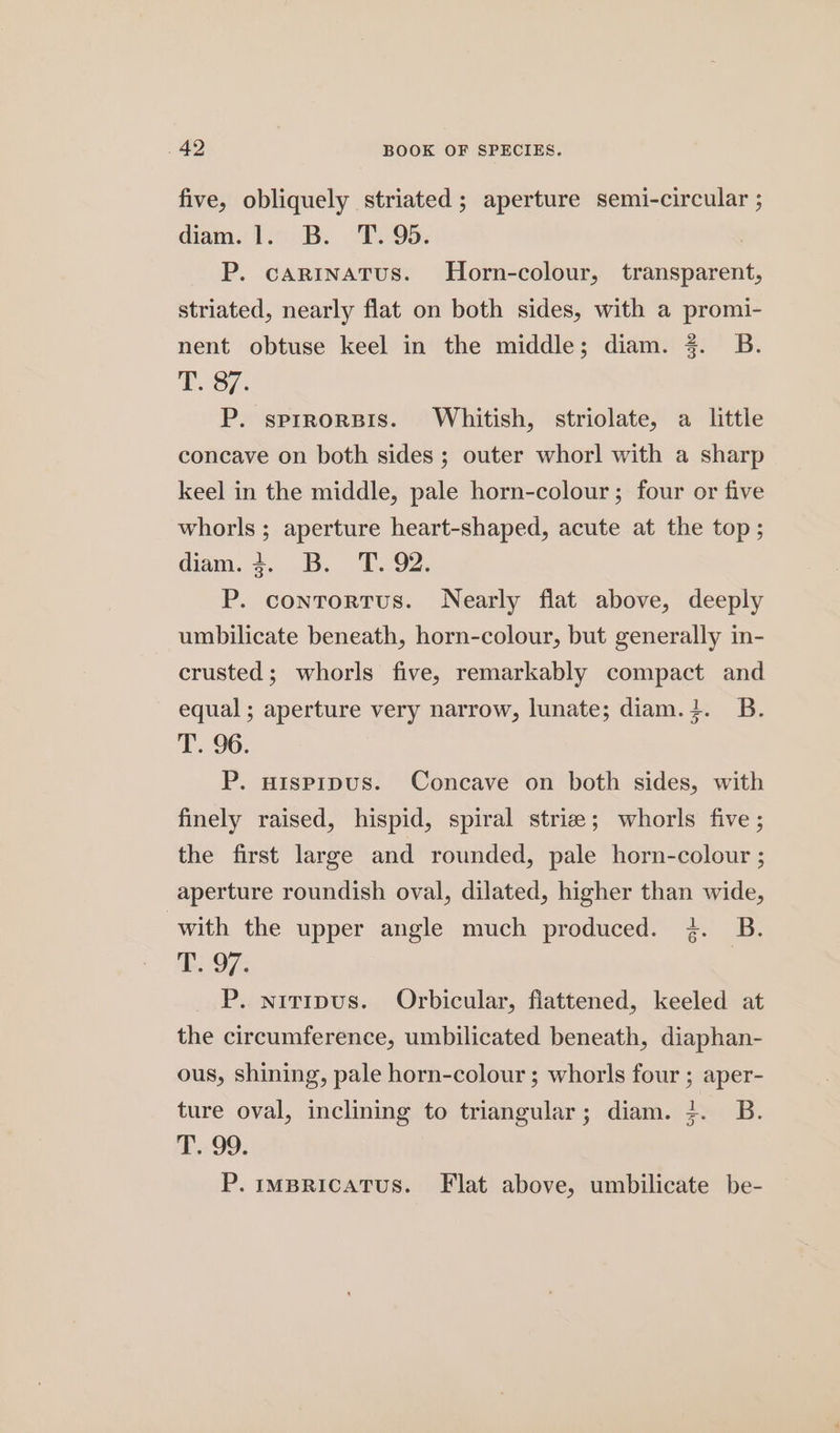 five, obliquely striated; aperture semi-circular ; dram.) biB.. “Eo. P. carinatTus. Horn-colour, transparent, striated, nearly flat on both sides, with a promi- nent obtuse keel in the middle; diam. %. B. TeS7. P. sprrorpBis. Whitish, striolate, a little concave on both sides ; outer whorl with a sharp keel in the middle, pale horn-colour; four or five whorls ; aperture heart-shaped, acute at the top ; diam. 4. B. T. 92. P. contortus. Nearly flat above, deeply umbilicate beneath, horn-colour, but generally in- crusted; whorls five, remarkably compact and equal ; aperture very narrow, lunate; diam.+. B. L. 96. P. nisprpus. Concave on both sides, with finely raised, hispid, spiral strize; whorls five ; the first large and rounded, pale horn-colour ; aperture roundish oval, dilated, higher than wide, with the upper angle much produced. }. B. T. 97. | P. niripus. Orbicular, flattened, keeled at the circumference, umbilicated beneath, diaphan- ous, shining, pale horn-colour ; whorls four ; aper- ture oval, inclining to triangular; diam. 4. B. 290: P. impricatus. Flat above, umbilicate be-