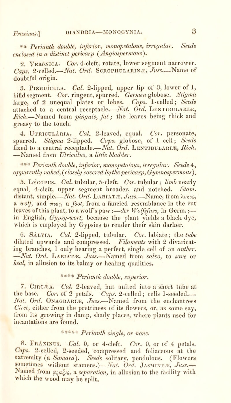 Fraxinus.] ** Perianth double, inferior, monopetalous, irregular. Seeds enclosed in a distinct pericarp (Angiospermous). 2. Veronica. Cor. 4-cleft, rotate, lower segment narrower. Caps. 2-celled.—Nat. Ord. Scroi’iiularina:, Jnss—Name of doubtful origin. 3. PiNGufcuLA. Cal. 2-lipped, upper lip of 3, lower of 1, bifid segment. Cor. ringent, spurred. Germen globose. Stigma large, of 2 unequal plates or lobes. Caps. 1-celled; Seeds attached to a central receptacle.—Nat. Ord. Lentibulari.e, Rich.—Named from pinguis, fat; the leaves being thick and greasy to the touch. 4. Utricularia. Cal. 2-leaved, equal. Cor. personate, spurred. Stigma 2-lipped. Caps, globose, of 1 cell; Seeds fixed to a central receptacle.—Nat. Orel. Lentibularee, Rich. —Named from Utriculus, a little bladder. *** Perianth double, inferior, monopetalous, irregular. Seeds 4, apparently naked, (closely covered by the pericarp, Gymnospermous). 5. Lycopus. Cal. tubular, 5-cleft. Cor. tubular; limb nearly equal, 4-cleft, upper segment broader, and notched. Siam. distant, simple.—Nat. Ord. Lariat/e, Juss.—Name, from J.oy.og, a icolf, and novg, a foot, from a fancied resemblance in the cut leaves of this plant, to a wolf’s paw :—der Wolfsfuss, in Germ.;— in English, Gypsy-wort, because the plant yields a black dye, which is employed by Gypsies to render their skin darker. G. Salvia. Cal. 2-lipped, tubular. Cor. labiate; the tube dilated upwards and compressed. Filaments with 2 divaricat- ing branches, 1 only bearing a perfect, single cell of an anther. —Nat. Ord. Labiate, Juss.—Named from salvo, to save or heed, in allusion to its balmy or healing qualities. **** Perianth double, superior. 7. Circle A. Cal. 2-leaved, but united into a short tube at the base. Cor. of 2 petals. Caps. 2-celled; cells 1-seeded.— Nat. Ord. Onagraree, Juss.—Named from the enchantress Circe, either from the prettiness of its flowers, or, as some say, from its growing in damp, shady places, where plants used for incantations are found. ***** Perianth single, or none. 8. Fraxinus. Cal. 0, or 4-cleft. Cor. 0, or of 4 petals. Caps. 2-celled, 2-seeded, compressed and foliaceous at the extremity (a Samara'). Seeds solitary, pendulous. (Flowers sometimes without stamens.)—Nat. Ord. Jasmine a:, Juss.— Named from a separation, in allusion to the facility with which the wood may be split,