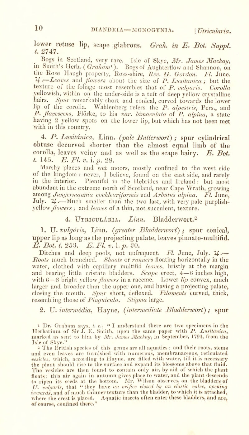 [ Utricularia. lower refuse lip, scape glabrous. Grah. in E. Bot. Sunni, t. '2747. Bogs in Scotland, very rare. Isle of Skye, Mr. James Mackai/, in Smith’s Herb. (Graham1). Bogs of Aughterflow and Shannon, on the Bose Ilaugh property, Ross-shire, Rev. G. Gordon. FI. June. U •—Leaves and flowers about the size of P. Lusitanica ; but the texture of the foliage most resembles that of P. vulgaris. Corolla yellowish, within on the under-side is a tuft of deep yellow crystalline hairs. Spur remarkably short and conical, curved towards the lower lip ot the corolla. Wahlenberg refers the P. alpestris, Pers., and P. flavescens, Florke, to his var. bimacidata of P. alpina, a state having 2 yellow spots on the lower lip, but which has not been met with in this country. 4. P. Lusitanica, Linn, (pale Bnllerwort) ; spur cylindrical obtuse decurved shorter than the almost equal limb of the corolla, leaves veiny and as well as the scape hairy. E. Bot. t. 145. E. El. v. i. j). 28. Marshy places and wet moors, mostly confined to the west side of the kingdom : never, I believe, found on the east side, and rarely in the interior. Plentiful in the Hebrides and Ireland : but most abundant in the extreme north of Scotland, near Cape Wrath, growing among Jungerrnannia cochleariformis and Arbutus alpina. FI. June, July. If.— Much smaller than the two last, with very pale purplish- yellow flowers; and leaves of a thin, not succulent, texture. 4. Utricularia. Linn. Bladderwort.2 1. U.vulgaris, Linn, (greater Bladderwort); spur conical, upper lip as long as the projecting palate, leaves pinnato-multifid. E. Bot. t. 253. E. FI. v. i. p. 80. Ditches and deep pools, not unfrequent. FI. June, July. If.— Roots much branched. Shoots or runners floating horizontally in the water, clothed with capillary multifid leaves, bristly at the margin and bearing little cristate bladders. Scape erect, 4—(5 inches high, with G—8 bright yellow flowers in a raceme. Lower lip convex, much larger and broader than the upper one, and having a projecting palate, closing the mouth. Spur short, deflexed. Filaments curved, thick, resembling those of Pinguicula. Stigma large. 2. U. intermedia, Bayne, (intermediate Bladderwort); spur 1 Dr. Graham says, /. r., “ I understand there are two specimens in the Herbarium of Sir.). L. Smith, upon the same paper with 1‘. Lusitanica, marked as sent to him by Mr. James Machay, in September, 1794, from the Isle of Skye.” 2 The British species of this genus are all aquatics: and their roots, stems and even leaves are furnished with numerous, membranaceous, reticulated vesicles, which, according to liayne, are tilled with water, till it is necessary the plant should rise to the surface and expand its blossoms above that lluid. The vesicles are then found to contain only air, by aid of whicli the plant floats: this air again in autumn gives place to water, and the plant descends to ripen its seeds at the bottom. Mr. Wilson observes, on tiie bladders of (J. vulgaris, that “ they have an orifice closed by an clastic valve, opening inward's, and of much thinner texture than the bladder, to which it is attached, where the crest is placed. Aquatic insects often enter these bladders, and are, of course, confined there.”