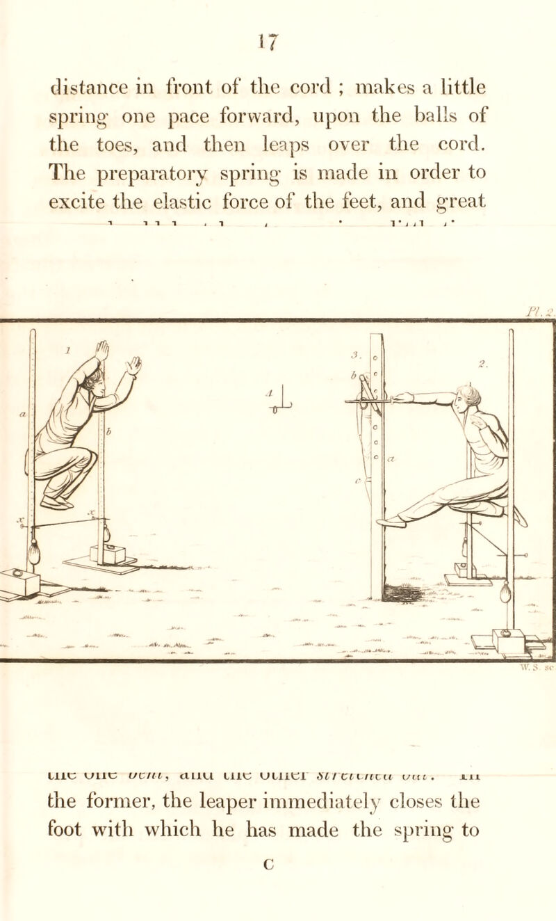 distance in front of the cord ; makes a little spring one pace forward, upon the balls of the toes, and then leaps over the cord. The preparatory spring is made in order to excite the elastic force of the feet, and great ■» i i i < l j • T j j 1 j * W. S sc Liic kjlie ucmi auu tuc uuiei sirciuccu vui. xn the former, the leaper immediately closes the foot with which he has made the spring to