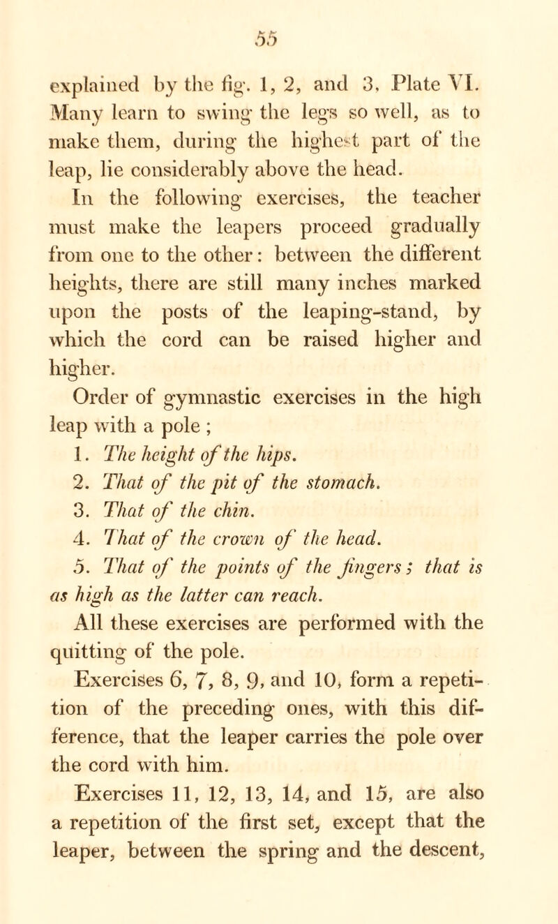 explained by the fig-. 1, 2, and 3, Plate VI. Many learn to swing- the legs so well, as to make them, during the highest part of the leap, lie considerably above the head. In the following exercises, the teacher must make the leapers proceed gradually from one to the other: between the different heights, there are still many inches marked upon the posts of the leaping-stand, by which the cord can be raised higher and higher. Order of gymnastic exercises in the high leap with a pole ; 1. The height of the hips. 2. That of the pit of the stomach. 3. That of the chin. 4. That of the crown of the head. 5. That of the points of the fingers ; that is as high as the latter can reach. All these exercises are performed with the quitting of the pole. Exercises 6, 7> 8, 9. and 10, form a repeti¬ tion of the preceding ones, with this dif¬ ference, that the leaper carries the pole over the cord with him. Exercises 11, 12, 13, 14, and 15, are also a repetition of the first set, except that the leaper, between the spring and the descent,