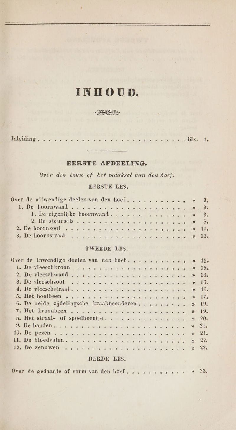 INHOUD. EERSTE AFDEELING. Over den bouw of het maaksel van den hoef. EERSTE LES, Over de uitwendige deelen van den hoef. ....... in EDORBORENARE ve oe te ee NE DE PE 0) ke De eigenlijke haornwand …— … . … zu ers ea PRE Zabe steunsels … Se. … A nr ane en a » PR ROIRODERZOOR es eee zere vane en en ECR OOEDSERBAE tan ade ee ea a en de EEND TWEEDE LES, Over de inwendige deelen van den hoef. . ....... th MEDE VleeschREOOR 0 … a … anchals ater evslaudle dani ® OOK MIGCSORN ARE ezerapeen Zal a evark ant vrlieellernd Aaike » GEER NKECSERZOOE! po ara. attend Hir methaan » Me sleeschaltaak … … … ne widendatarkmas ace: en DENEEGE BOCSDEEN ansieae Malamitend de PRS © 6. De beide zijdelingsche kzaakbeenderen, .....-... » gerak kroonbeen … … …, Adrdleabmrdkerin albe boete 0% Ge Met straal-. of spoelbeentjel. teak aur oaldudtend deel. » He De BANDER ss. ae EDE » BOE HELEN aarin ae ars Bar nada sr ee oes a NOEMDEN Je een de dee datde » KE DR ZEN wen, JINT ER A et ak » DERDE LES. Over de gedaante of vorm van den hoef... ... te a Le 3. 3. 9. 8, En 13. 15. 15, 16, 1e 19, 19, 21. 21,