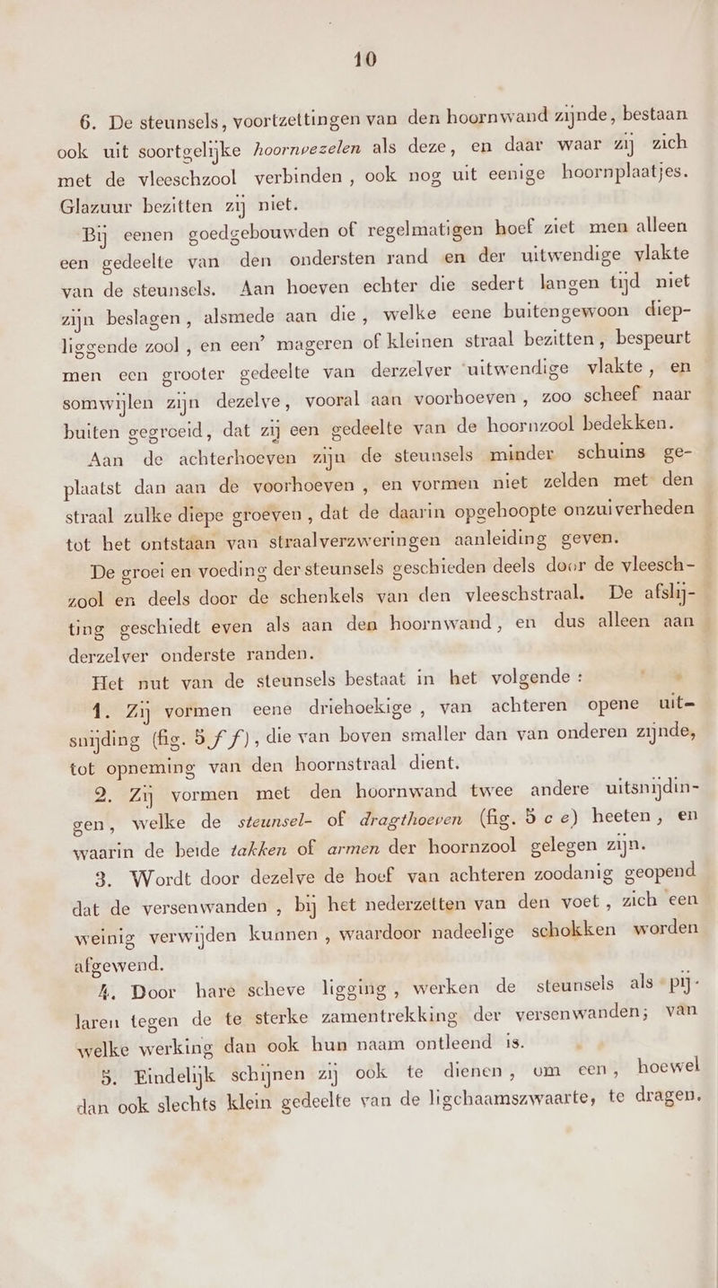 6. De steunsels, voortzettingen van den hoornwand zijnde, bestaan ook uit soortgelijke hoornvezelen als deze, en daar waar zij zich met de vleeschzool verbinden, ook nog uit eenige hoornplaatjes. Glazuur bezitten zij niet. Bij eenen goedgebouwden of regelmatigen hoef ziet men alleen een gedeelte van den ondersten rand en der uitwendige vlakte van de steunsels. Aan hoeven echter die sedert langen tijd niet zijn beslagen, alsmede aan die, welke eene buitengewoon diep- liggende zool , en een” mageren of kleinen straal bezitten, bespeurt men een grooter gedeelte van derzelver ‘uitwendige vlakte, en somwijlen zijn dezelve, vooral aan voorhoeven , zoo scheef naar buiten gegroeid, dat zij een gedeelte van de hoornzool bedekken. Aan de achterhoeven zijn de steunsels minder schuins ge- plaatst dan aan de voorhoeven , en vormen niet zelden met den straal zulke diepe groeven, dat de daarin opgehoopte onzuiverheden tot het ontstaan van straalverzweringen aanleiding geven. geschieden deels door de vleesch - 8 zool en deels door de schenkels van den vleeschstraal. De afslij- | De groei en voeding der steunsels ting geschiedt even als aan den hoornwand, en dus alleen aan derzelver onderste randen. Het nut van de steunsels bestaat in het volgende : kl Ai 1. Zij vormen eene driehoekige , van achteren opene uit= suujding (fig. off), die van boven smaller dan van onderen zijnde, tot opneming van den hoornstraal dient. 2. Zij vormen met den hoornwand twee andere uitsnijdin- gen, welke de steunsel- of dragthoeven (fg. Sce) heeten, en waarin de beide takken of armen der hoornzool gelegen zijn. 3. Wordt door dezelve de hoef van achteren zoodanig geopend dat de versenwanden , bij het nederzetten van den voet, zich een weinig verwijden kunnen, waardoor nadeelige schokken worden afgewend. Ah, Door hare scheve ligging, werken de steunsels als « pij- OO 2 laren tegen de te sterke zamentrekkineg der versenwanden; van te) welke werking dan ook hun naam ontleend is. 5. Eindelijk schijnen zij ook te dienen, vm een, hoewel dan ook slechts klein gedeelte van de ligchaamszwaarte, te dragen.