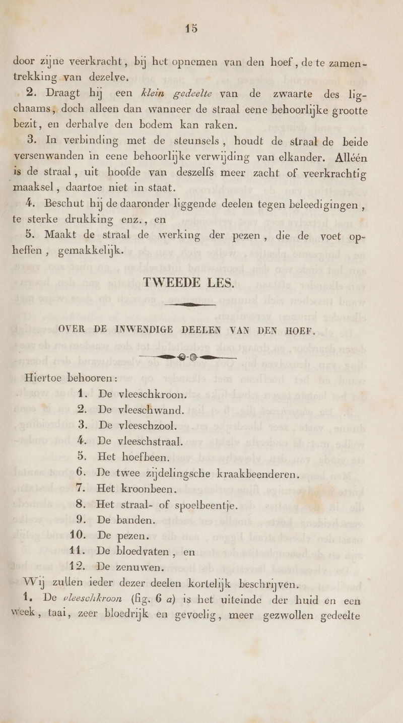 door zijne veerkracht, bij het opnemen van den hoef , de te zamen- trekking van dezelve. „2. Draagt hij een Klein gedeelte van de zwaarte des lig- chaams; doch alleen dan wanneer de straal eene behoorlijke grootte bezit, en derhalve den bodem kan raken. 3. In verbinding met de steunsels, houdt de straal de beide versenwanden In eene behoorlijke verwijding van elkander. Alléén is de straal, uit hoofde van deszelfs meer zacht of veerkrachtig maaksel , daartoe niet in staat. 4, Beschut hij de daaronder liggende deelen tegen beleedigingen , te sterke drukking enz., en 5. Maakt de straal de werking der pezen, die de voet op- heffen , gemakkelijk. TWEEDE LES, OVER DE INWENDIGE DEELEN VAN DEN HOEF. —— ee QG) m__ Hiertoe behooren: De vleeschkroon. De vleeschwand. De vleeschzool. De vleeschstraal. Het hoefbeen. De twee zijdelingsche kraakbeenderen. Het kroonbeen. Het straal- of spoelbeentje. De banden. De pezen. 11. De bloedvaten, en 12. De zenuwen. SOPNrusur= ed Wij zullen ieder dezer deelen kortelijk beschrijven. Î. De pleeschkroon (fg. 6 a) is het uiteinde der huid en een week , taai, zeer bloedrijk en gevoelig, meer gezwollen gedeelte
