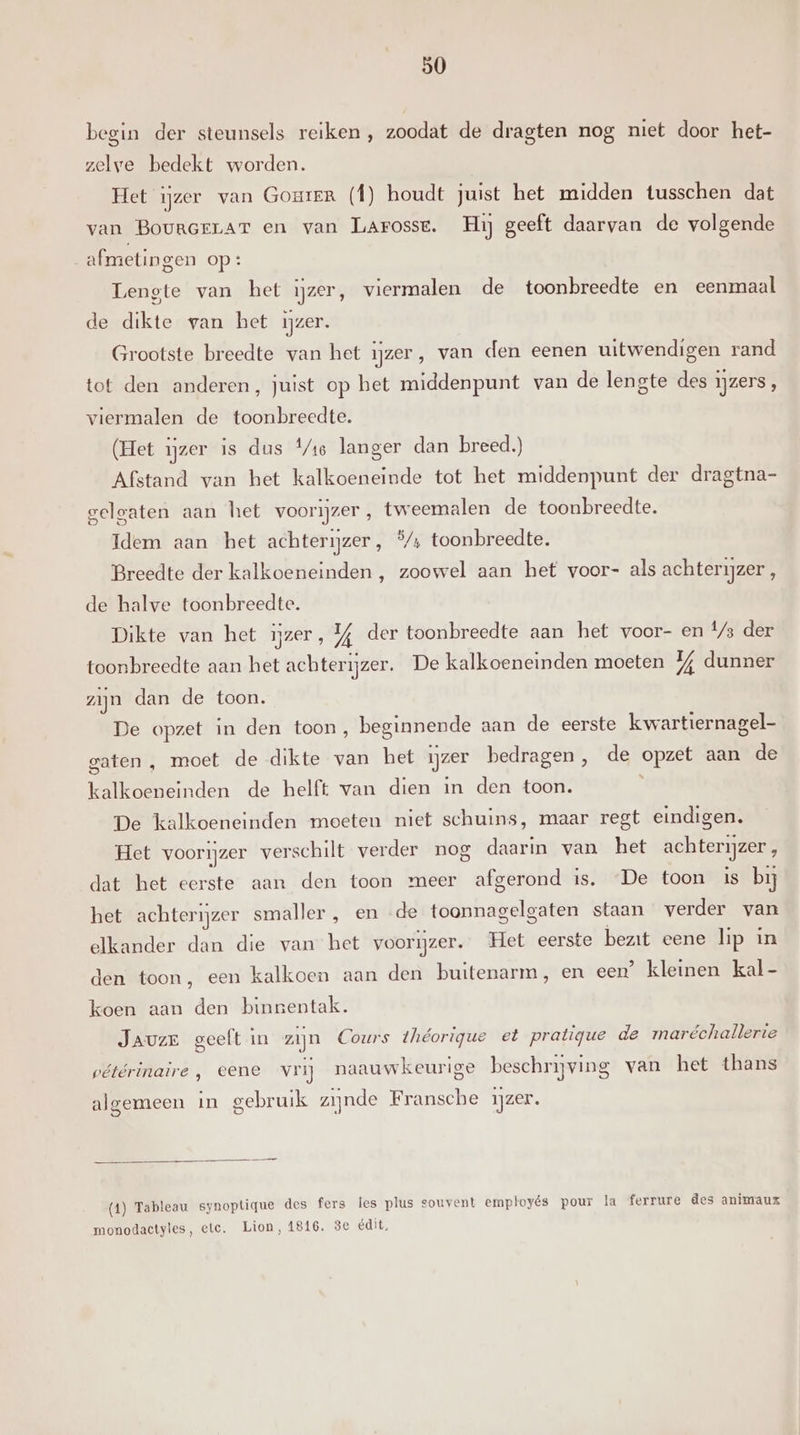 begin der steunsels reiken , zoodat de dragten nog niet door het- zelve bedekt worden. Het ijzer van Gourer (f) houdt juist het midden tusschen dat van Bourerrar en van LArosse. Hij geeft daarvan de volgende afmetingen op: Lengte van het ijzer, viermalen de toonbreedte en eenmaal de dikte van bet ijzer. Grootste breedte van het ijzer, van den eenen uitwendigen rand tot den anderen, juist op het middenpunt van de lengte des ijzers, viermalen de toonbreedte. (Het ijzer is dus ®/16 langer dan breed.) Afstand van het kalkoeneinde tot het middenpunt der dragtna- gelgaten aan het voorijzer, tweemalen de toonbreedte. Idem aan het achterijzer, %/ toonbreedte. Breedte der kalkoeneinden , zoowel aan het voor- als achterijzer , de halve toonbreedte. Dikte van het ijzer, 4 der toonbreedte aan het voor- en 2/3 der toonbreedte aan het achterijzer. De kalkoeneinden moeten I, dunner zijn dan de toon. De opzet in den toon, beginnende aan de eerste kwartiernagel- gaten , moet de dikte van het ijzer bedragen, de opzet aan de kalkoeneinden de helft van dien in den toon. ì De kalkoeneinden moeten niet schuins, maar regt eindigen. Het voorijzer verschilt verder nog daarin van het achterijzer, dat het eerste aan den toon meer afgerond is. De toon is bij het achterijzer smaller , en «de toonnagelgaten staan verder van elkander dan die van het voorijzer. Het eerste bezit eene lip in den toon, een kalkoen aan den buitenarm, en een’ kleinen kal- koen aan den binnentak. JAUZE geelt in zijn Cours théorique et pratique de maréchallerie pétérinaire , eene vrij naauwkeurige beschrijving van het thans algemeen in gebruik zijnde Fransche Izer. (1) Tableau synoptique des fers les plus souvent employés pour la ferrure des animaux monodactyles, ete. Lion, 1816, 3e édit,