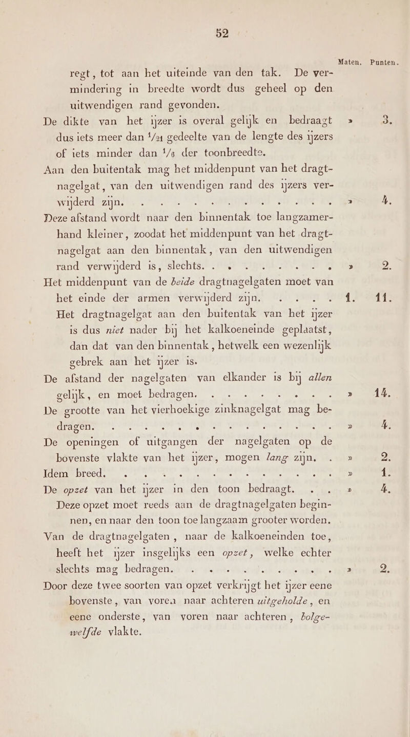 regt, tot aan het uiteinde van den tak. De ver- mindering in breedte wordt dus geheel op den uitwendigen rand gevonden. De dikte van het ijzer is overal gelijk en bedraagt dus iets meer dan f/a gedeelte van de lengte des ijzers of iets minder dan $/s der toonbreedte. Aan den buitentak mag het middenpunt van het dragt- nagelgat, van den uitwendigen rand des ijzers ver- wijderd zijn. ERE EW DEAD beh HE MAME BN Deze afstand wordt naar den En toe langzamer- hand kleiner, zoodat het middenpunt van het dragt- nagelgat aan den binnentak, van den uitwendigen rand “verwijderd 18, Slechtat „Met Tipnnt AN. etn &amp; Het middenpunt van de beide dragtnagelgaten moet van het einde der armen verwijderd zijn. Het dragtnagelgat aan den buitentak van het ijzer is dus niet nader bij het kalkoeneinde geplaatst, dan dat van den binnentak , hetwelk een wezenlijk gebrek aan het ijzer is. De afstand der nagelgaten van elkander is bij allen gelijk, en moet bedragen. . . - Se De grootte van het EN md enten, mag be- ine ait Aai ok jaa”, De openingen of uitgangen der nagelgaten op de bovenste vlakte van het ijzer, mogen lang zijn, loen ras beltivsdenidtsdterdd ennen ermee De opzet van het ijzer in den toon bedraagt. … Deze opzet moet reeds aan de dragtnagelgaten begin- nen, en naar den toon toe langzaam grooter worden. Van de dragtnagelgaten , naar de kalkoeneinden toe, heeft het ijzer insgelijks een opzet, welke echter Benttenmag ; bedragen sr daler. dire ah vatte ako Door deze twee soorten van opzet verkrijgt het ijzer eene bovenste, van voren naar achteren uitgeholde , en eene onderste, van voren naar achteren, Zolge- welfde vlakte. Punten. 115 14.