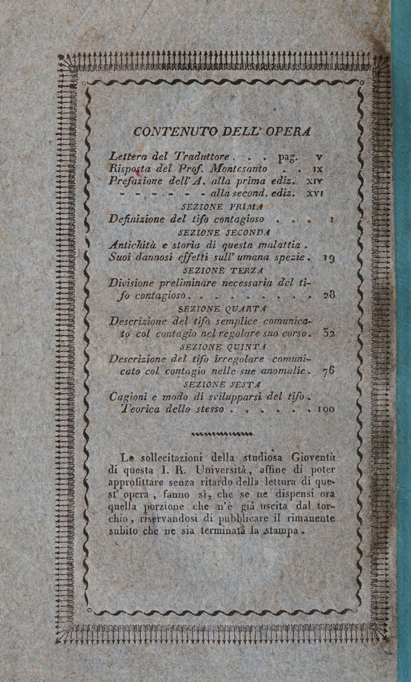 a ein m Diu CONTENUTO DEL > OPERA | (Lettera: del ad ne A pag. 0 , i) Ris pogta del Prof. Montesanto ‘n x roh dell'A. alla prima ediz. xw © n= le» © allasecond, ediz: xvi SEZIONE PRIMA do | Definizione del tifo contagioso . .. + n° | SEZIONE SECONDA TI | Antichità e storia di. ‘questa aloni ; Suoi dannosi effetti sull’umana spezie. 19. | SEZIONE TERZA so Divisione ‘preliminare necessaria 2 del ti-- So Coiagiasi a RR TE e “SEZIONE: QUARTA: | ene del tifa semplice comunica- pasta 9 col contagio nel regolare suo corso» Spr 04) SEZIONE QUINTA ER. Descrizione del tifo irregolare comuni- ‘> cato col contagio nello sue anomalie. 75 | È SEZIONE SESTA i Cagioni e modo di svilupparsi del t Vox Veorica dello stesso’. + » +. +° + 100! | RT &amp; 9 Le sollecitazioni della RESTO ‘Gioventù ‘di questa I. R. Università, affine di poter. 4 2 ‘approfittare senza ritardo della lettura di que, \ st opera , fanno sì, che se ne dispensi oa | quella porzione che m'è già uscita dal tor- > La ‘chio, riservandosi di pub licare il rimanente . sa) Va che ne sia terminata Ja ey, : | u ER o nennen Zu AMIRIMEE Hi Hai Misti [ATTO 5 a wo