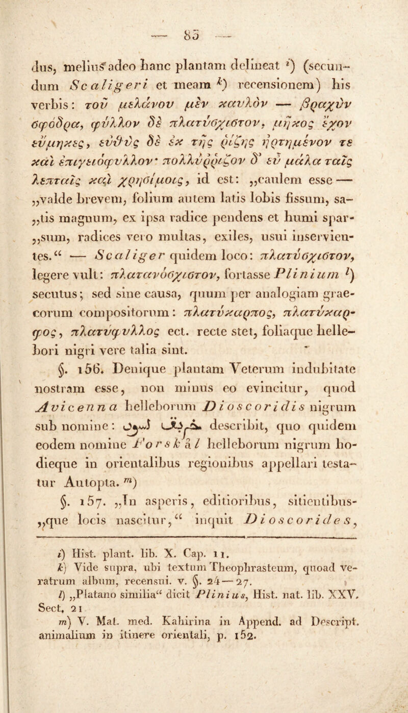 dus, melini adeo hanc plantam delineat *) (secun- dum Seal i geri et ineam ^ recensionem) his verbis: rov utXdvov (xev xavXdv — fiQayvv 6Cpod()CC, cpvXXoV Ss 7zXaTV6%t6TOV, ufjxog 8J/OV tv/urjxsg, tvihjg 8i £x rfjg (>l£rtg ijprpaivov ts xa\ sTuytiocpvXXov* tioXXuq^hlov d' tv gdXcc ralg },87VTatg xc(i /Qrjolgoeg, id est: „caulem esse — „valde brevem, folium autem latis lobis fissum, sa- „tis magnum, ex ipsa radice pendens et humi spar- ,,sum, radices vero multas, exiles, usui inservien- tes.a — Sc a liger quidem loco: nXaTVOyiOTOV, legere vult: nlaravooyiorov, fortasse Plinium 1) secutus; sed sine causa, quum per analogiam grae- corum compositorum: nXarvxaQTiog, nXcxrvxaQ- epog, nlcxTvgvkXog ect. recte stet, foliaque lielle- hori nigri vere talia sint. i56. Denique plantam Veterum indubitate nostram esse, non minus eo evincitur, quod A vicenn a helleborum Dioscoridis nigrum sub nomine: 5 iJi^6* describit, quo quidem eodem nomine l^orsh a / helleborum nierum ho- o dieque in orientalibus regionibus appellari testa- tur Au topia. m) §. 157. „Tn asperis, editioribus, sitientibus- ,,que locis nasci tu r,u inquit Dioscori d e s, i) Hist. piant, lib. X. Cap. 11. k) Vide supra, ubi textum Theoplirasteum, quoad ve- ratrum album, recensui, v. 24—27. /) „Platano similia“ dicit Plinius, Hist. nat. lib. XXV. Sect, 2 1 rn) V. Mat. med. Kabirina in Append. ad Descript. animalium in itinere orientali, p. 162.