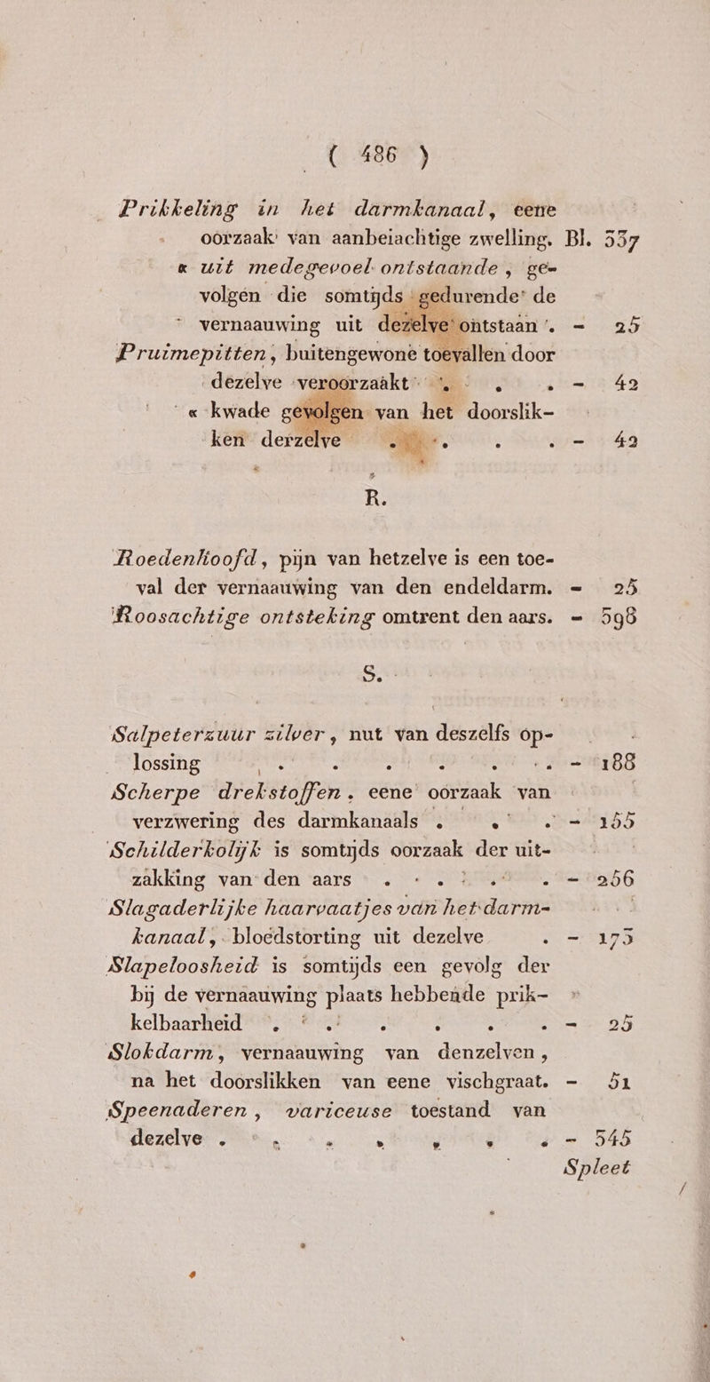 Prikkeling in het darmkanaal, eene oorzaak: van aanbeiachtige zwelling. Bl. 557 x wit medegevoel ontstaande , ge= volgen die somtijds ° gedurende: de vernaauwing uit dez Pruimepitten, buitengewone toevallen door „dezelve nie zaaker Re . — 42 ken derzere yes a : <= 5 49 & Roedenkoofd, pijn van hetzelve is een toe- val der vernaauwing van den endeldarm. = 25 Roosachtige ontsteking omtrent den aars. = 598 Ss. Salpeterzuur Bede nut van deszelfs op- lossing rid en oe Ft B8 Scherpe aversie: eene oorzaak van — verzwering des darmkanaals . dea ahd KCS Schilderkolyk is somtijds oorzaak deruite = zakking vanden aars» « + . 4.0. °= 0956 Slagaderlijke haarvaatjes van het-darm- kanaal, bloedstorting uit dezelve 2 5175 Slapeloosheid is somtijds een gevolg der by de vernaauwing ee hebbende prik- kelbaarheid … © . ; 7 : a 25 Slokdarm, vernaauwing van denzelven, na het doorslikken van eene vischgraat. - 51 Speenaderen, variceuse toestand van dezelve . © . a . 5, 3 « — 545