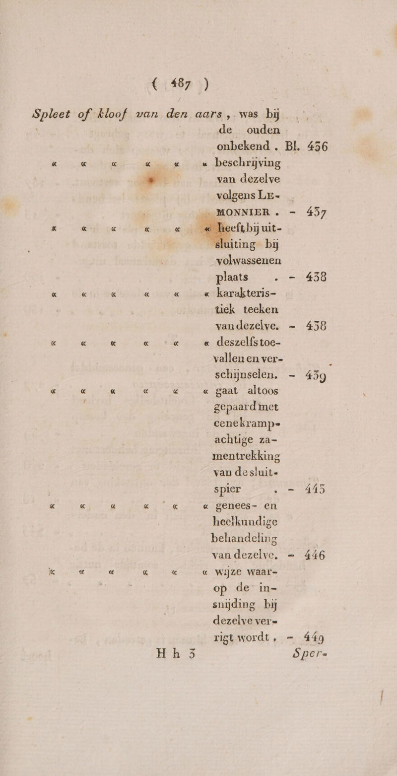 « ~ « « « or « H h de ouden “ beschrijving van dezelve gens LE- oO volwassenen plaats } « karakteris- tiek teeken van dezelve. « deszelfs toe- schynselen. « gaat altoos gepaard met cenekramp- achtige za~ mentrekking van de sluit- spier : « genees- en heelkundige behandeling van dezelvye. « wijze waar- op de in- snyding by dezelve ver= rigt wordt , | bn. en Oa - 446 - 449 Sper=