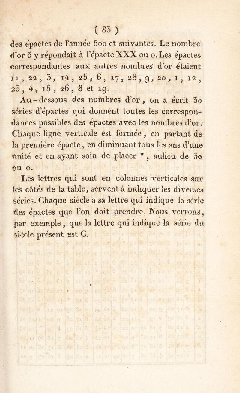 des epactes de Tannée 5oo et suivantes. Le nombre d’or 3 y répondait à Tépacte XXX ou o.Les épactes correspondantes aux autres nombres d’or étaient Il , 22 , 3, l4, 25^ 6, 175 28, 9, 20, 1 ^ 12 ^ 23 , 4, i5 5 26 J 8 et 19. Au-dessous des nombres d’or, on a écrit 3a séries d’épactes qui donnent toutes les correspon¬ dances possibles des épactes avec les nombres d’or. Cliaque ligne Verticale est formée, en partant de la première épacte, en diminuant tous les ans d’une Unité et en ayant soin de placer *, aulieu de 3a ou O. Les lettres qui sont en colonnes verticales sur les côtés de la table, servent à indiquer les diverses séries. Chaque siècle a sa lettre qui indique la série des épactes que Ton doit prendre. Nous verrons, par exemple, que la lettre qui indique la série du siècle présent est G,