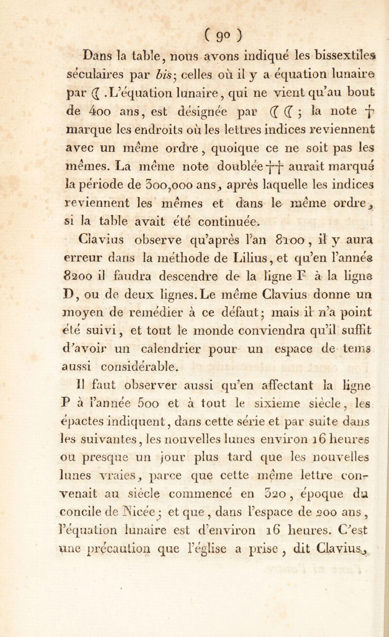 Dans la table, nous avons indiqué les bissextiles séculaires par his-^ celles où il y a équation lunaire par ({ .L’équation lunaire, qui ne vient qu’au bout de 4oo ans, est désignée par (J (T ; la note -j marque les endroits où les lettres indices reviennent avec un meme ordre, quoique ce ne soit pas les memes. La meme note doublée y“p aurait marqué la période de 5oo,ooo ans^ après laquelle les indices reviennent les memes et dans le meme ordre ^ si la table avait été continuée. Clavius observe qu’a près Fan 8100, il y aura erreur dans la métliode de Lilius, et qu’en l’année 8200 il faudra descendre de la ligne F à la ligne D, ou de deux lignes. Le meme Clavius donne un moyen de remédier à ce défaut; mais il n’a point été suivi, et tout le monde conviendra qu’il suffit d^'avoir un calendrier pour un espace de teins aussi considérable. il faut observer aussi qu’en affectant la ligne P à l’année 5oo et à tout le sixième siècle, les éjiactes indiquent, dans cette série et par suite dans les suivantes, les nouvelles lunes environ 16 heures ou presque un jour plus tard que les nouvelles lunes vraies^ parce que cette m^me lettre corir venait au siècle commencé en 020, époque du concile de INicée ; et que , dans l’espace de 200 ans , l’équation lunaire est d’environ 16 heures. C^est une précaution que l’église a prise ^ dit Claviu&j,