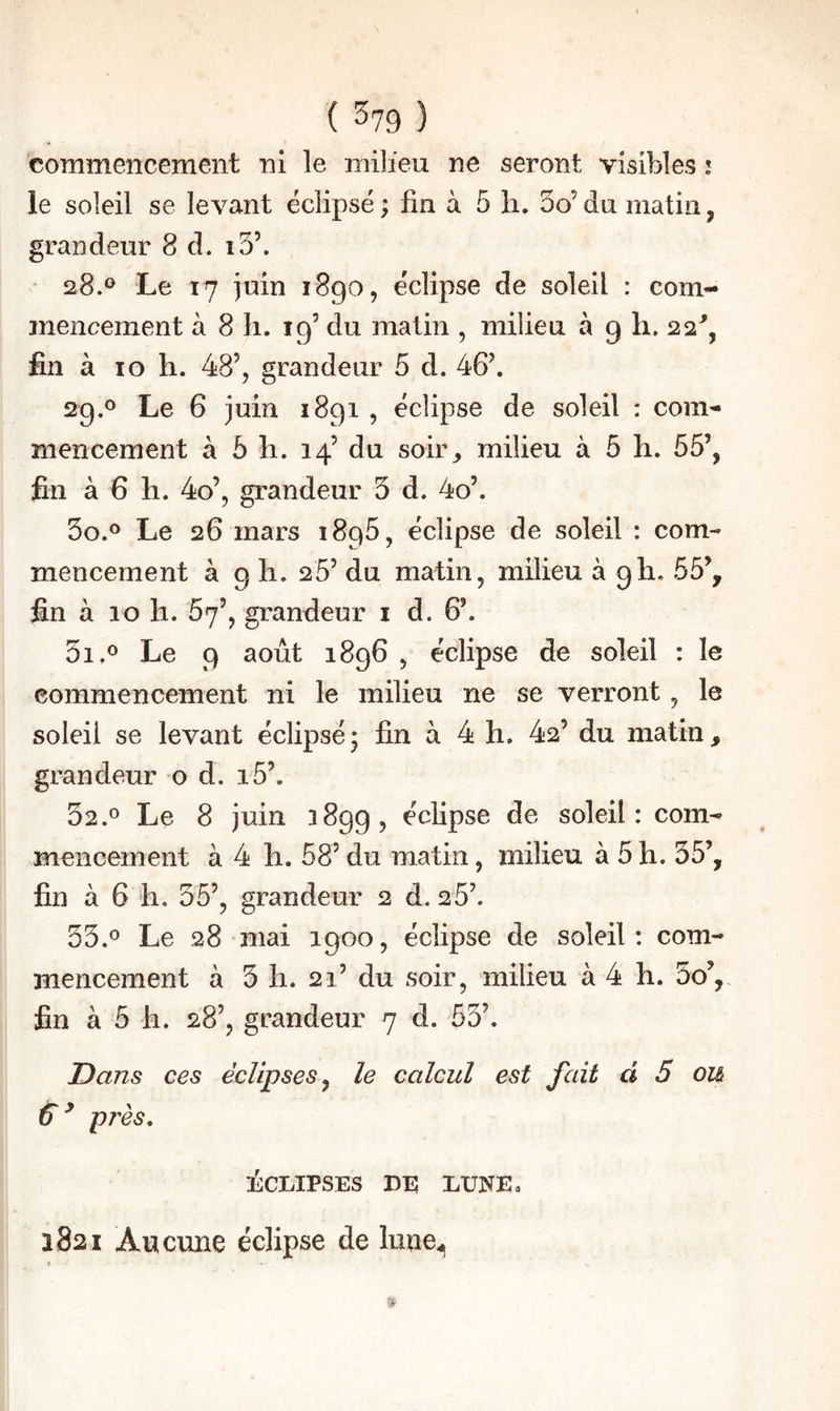 ( ^79 ) commencement ni le milieu ne seront visibles ; le soleil se levant éclipsé; fin à 5 h. 3o’du matin, grandeur 8 d. i3’. 528.® Le 17 juin 1890, éclipse de soleil : com¬ mencement à 8 h. 19’ du matin , milieu à g li. 22^, fin à 10 h. 48’, grandeur 5 d. 46’. 2g.® Le 6 juin 1891 , éclipse de soleil ; com¬ mencement à 5 h. 14’ du soir^ milieu à 5 li. 55’, fin à 6 h. 4o’, grandeur 3 d. 4o’. 30. ® Le 26 mars 1895, éclipse de soleil : com¬ mencement à 9 11. 25’ du matin, milieu à g h. 55’, fin à 10 h, 57’, grandeur i d. 6’. 31. ® Le 9 août 1896 , éclipse de soleil : le commencement ni le milieu ne se verront, le soleil se levant éclipsé ; fin à 4 h. 42’ du matin, grandeur o d. i5’. 32. ® Le 8 juin 3899, éclipse de soleil: com¬ mencement à 4 h. 58’ du matin, milieu à 5 h. 35’, fin à 6 h, 35’, grandeur 2 d. 26’. 33. ® Le 28 mai 1900, éclipse de soleil: com¬ mencement à 3 h. 21’ du soir, milieu à 4 li. 3o’, fin à 5 h. 28’, grandeur 7 d. 53’. Dans ces éclipses^ le calcul est fait d 5 ou près, ÉCLIPSES DE LUNE, 1821 Aucune éclipse de lune.^